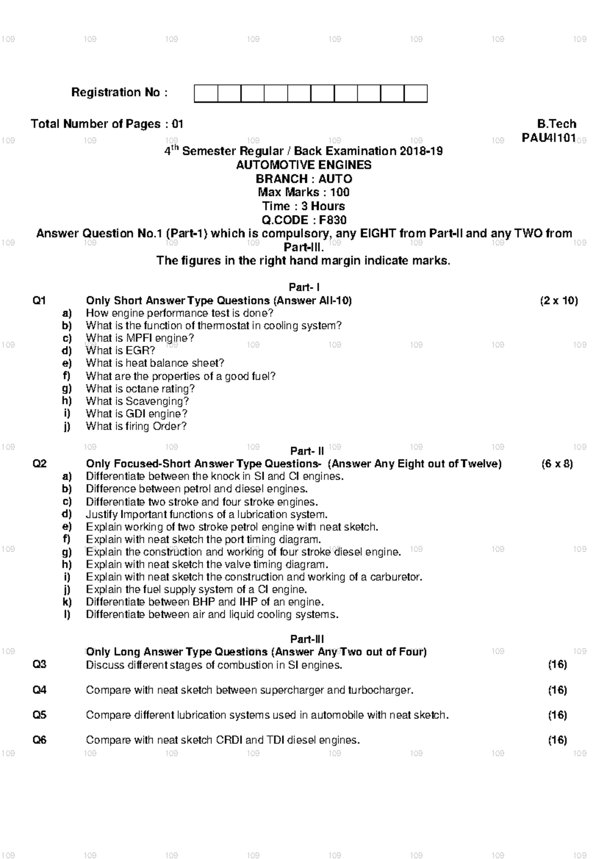 Automotive Engineering 4th Sem Exam Paper (2018-19) - Engines Focus ...