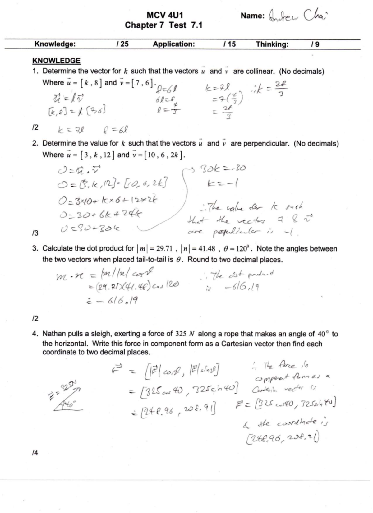 MCV 4U1 Chapter 7 Test: Vectors and Applications - Studocu