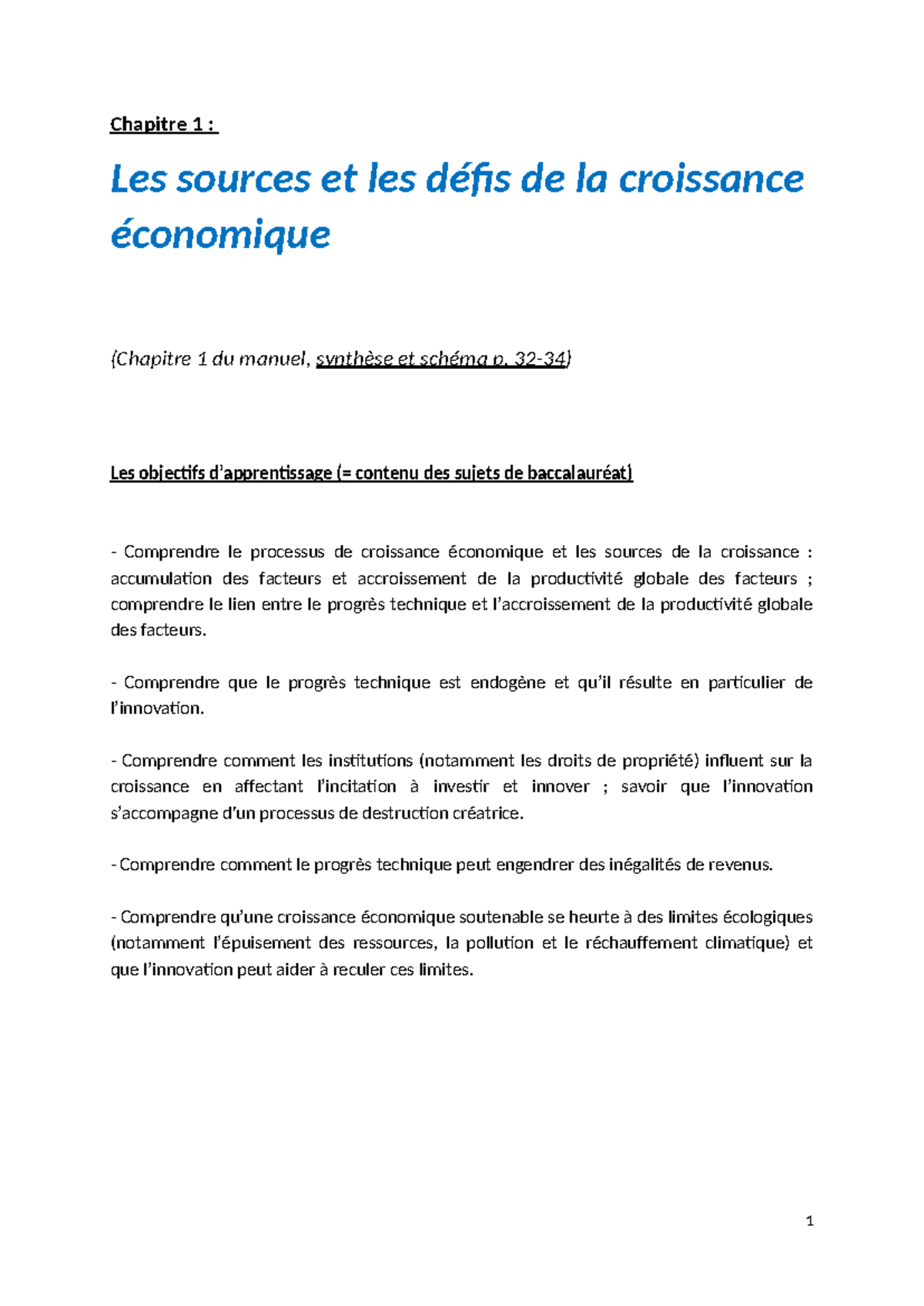 Cours Final : Chapitre 1 - Sources et Défis de la Croissance Économique ...