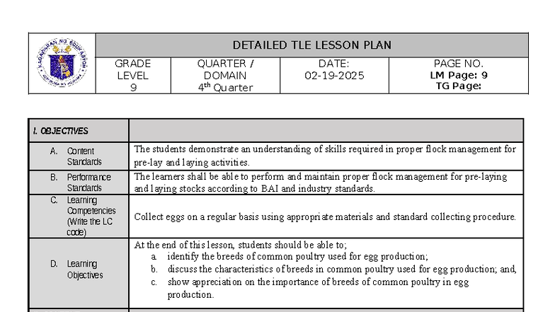 TLEQ4T5 - TLE LESSON PLAN - GRADE LEVEL 9 QUARTER / DOMAIN 4 th Quarter ...