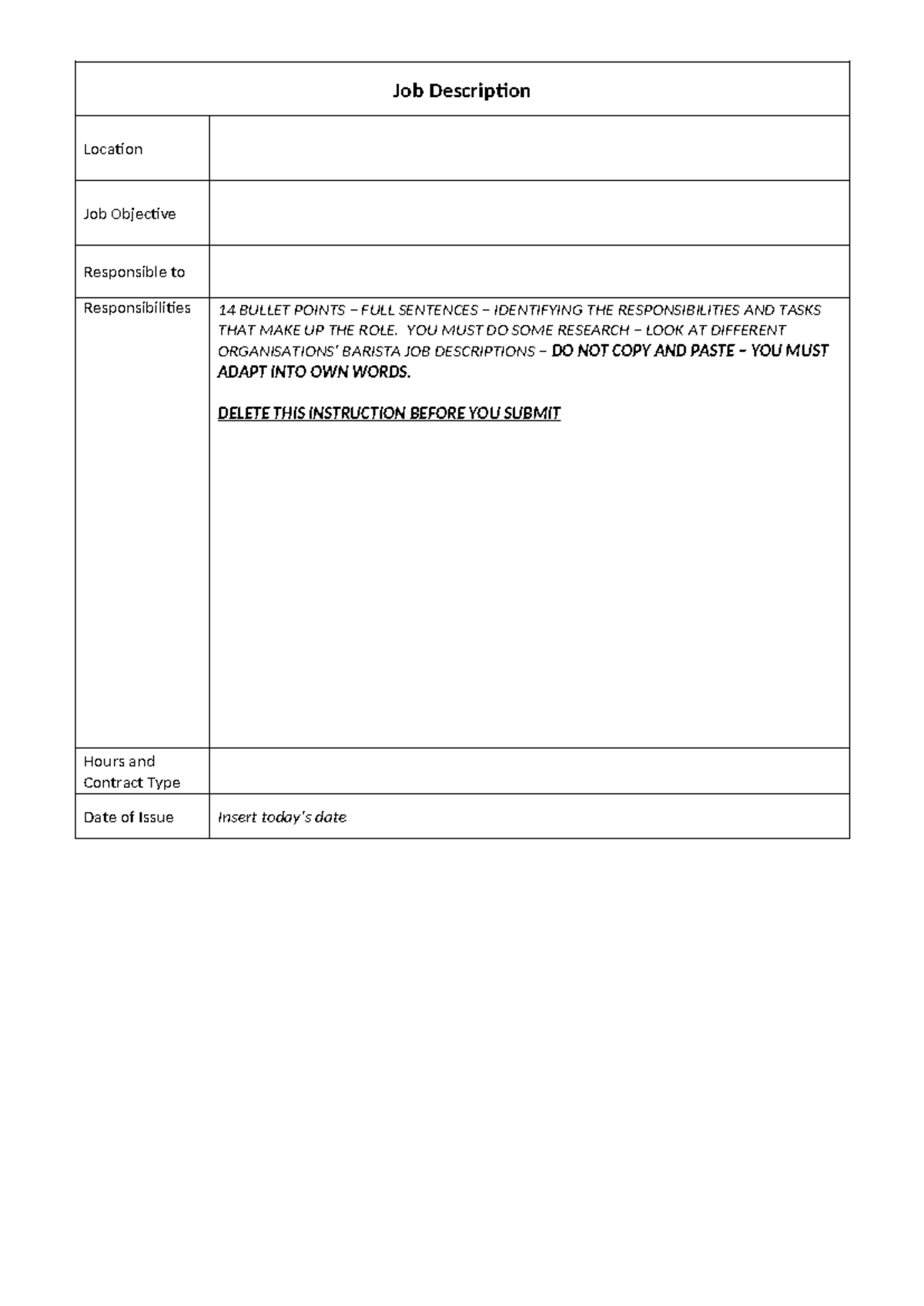 Job Description Template - Job Description Location Job Objective ...