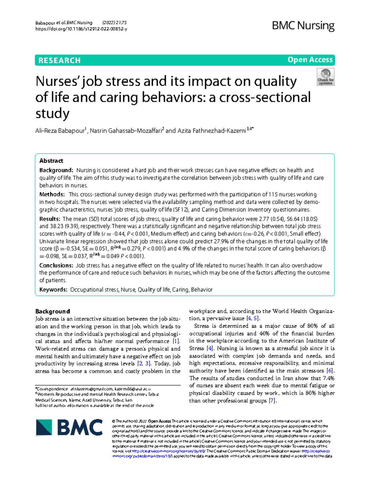 Job Stress and Its Impact on Quality of Life in Nurses: A Study (NURS ...