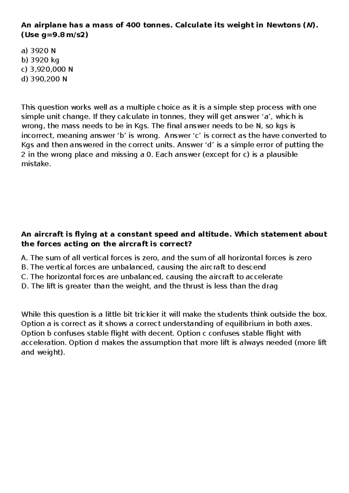 Exam Questions and Exemplar Answers for Aircraft Physics - PHYS101 ...