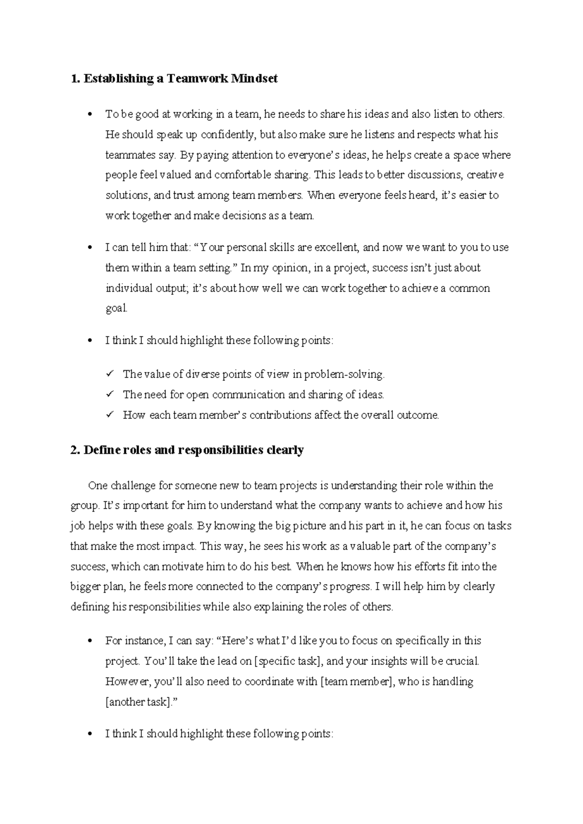 Draft - For MGMT course. - 1. Establishing a Teamwork Mindset To be ...