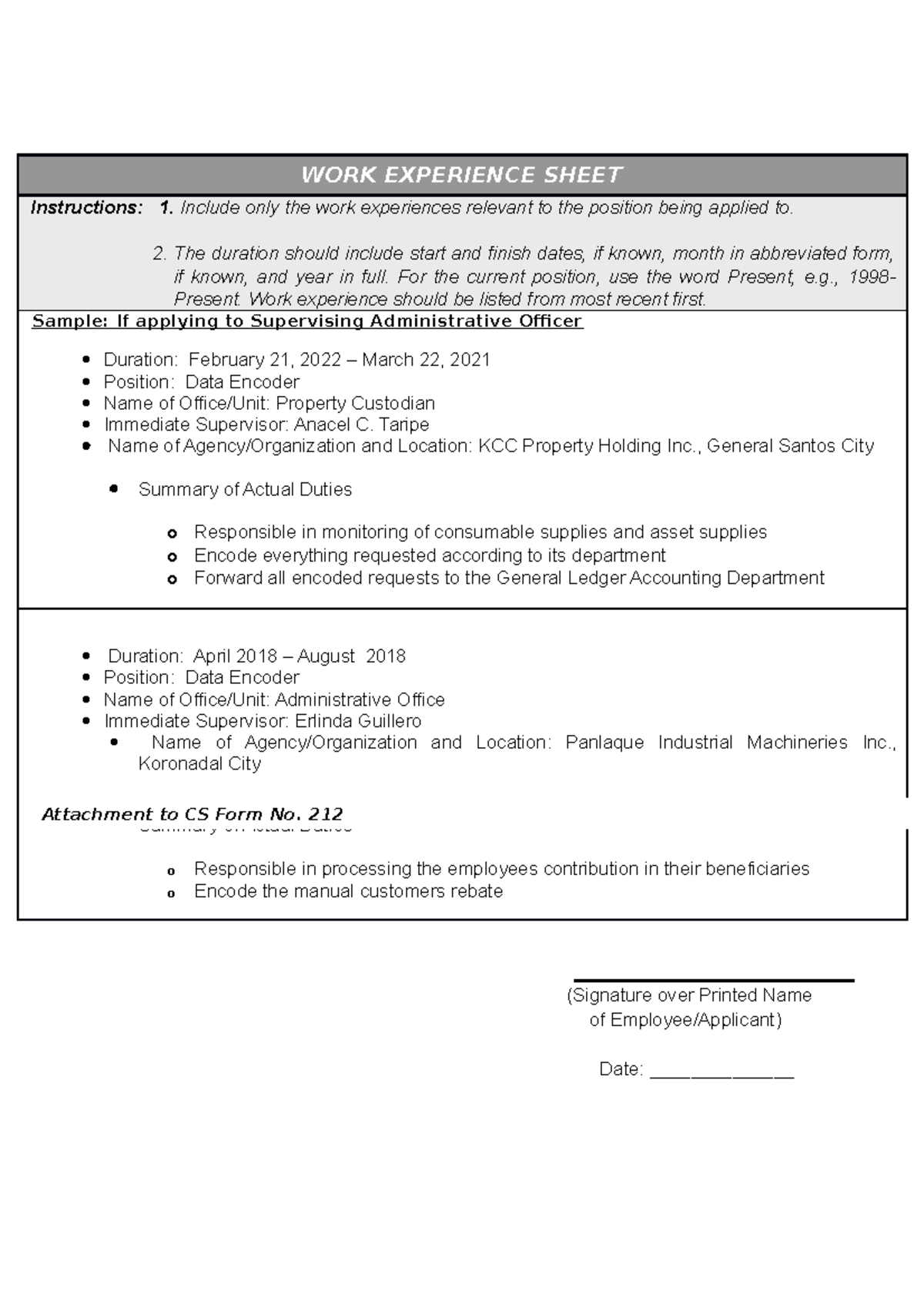 CS Form No. 212 - Work Experience Sheet Instructions and Examples - Studocu