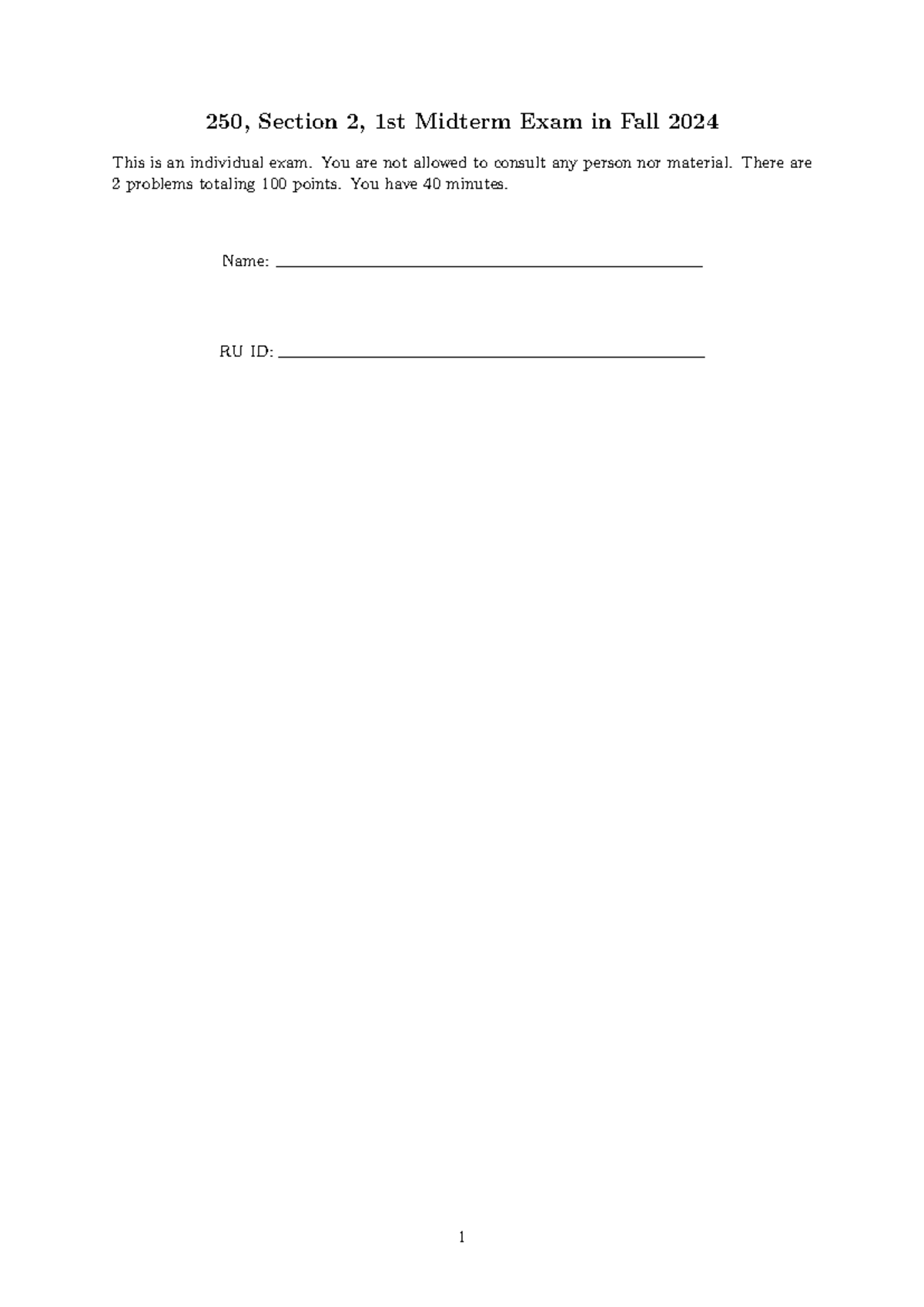 250: Section 2 - 1st Midterm Exam, Fall 2024 - Linear Algebra - Studocu