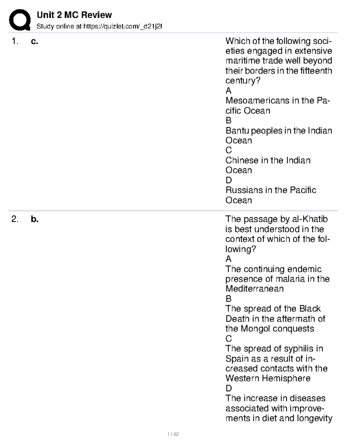 Unit 2 MC Review Study Guide for AP History Exam - Studocu