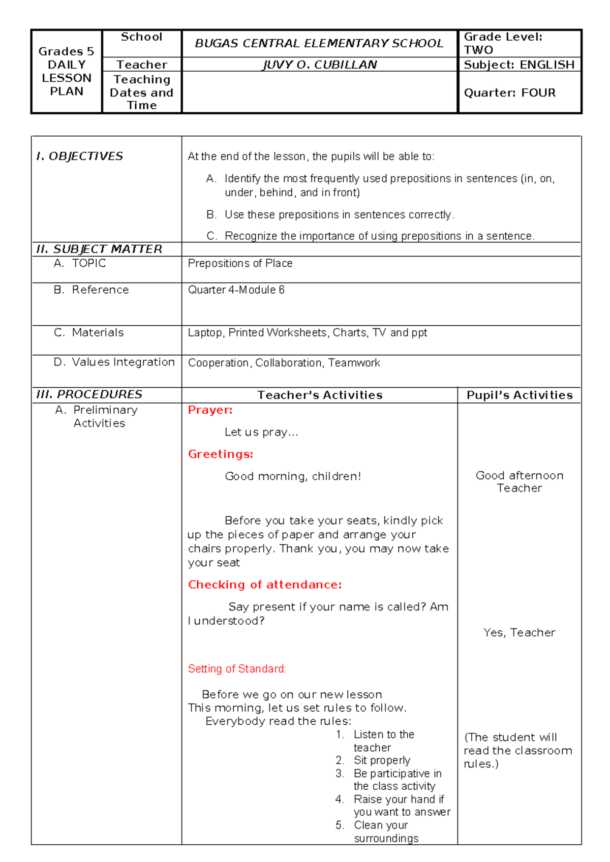Grade 2 English Q4 Daily Lesson Plan: Prepositions of Place - Studocu