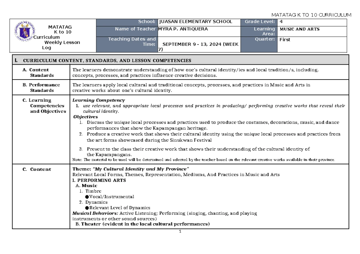 DLL Matatag PE & Health 4 Q1 Lesson Log (W7-8) - Week 7 Activities ...