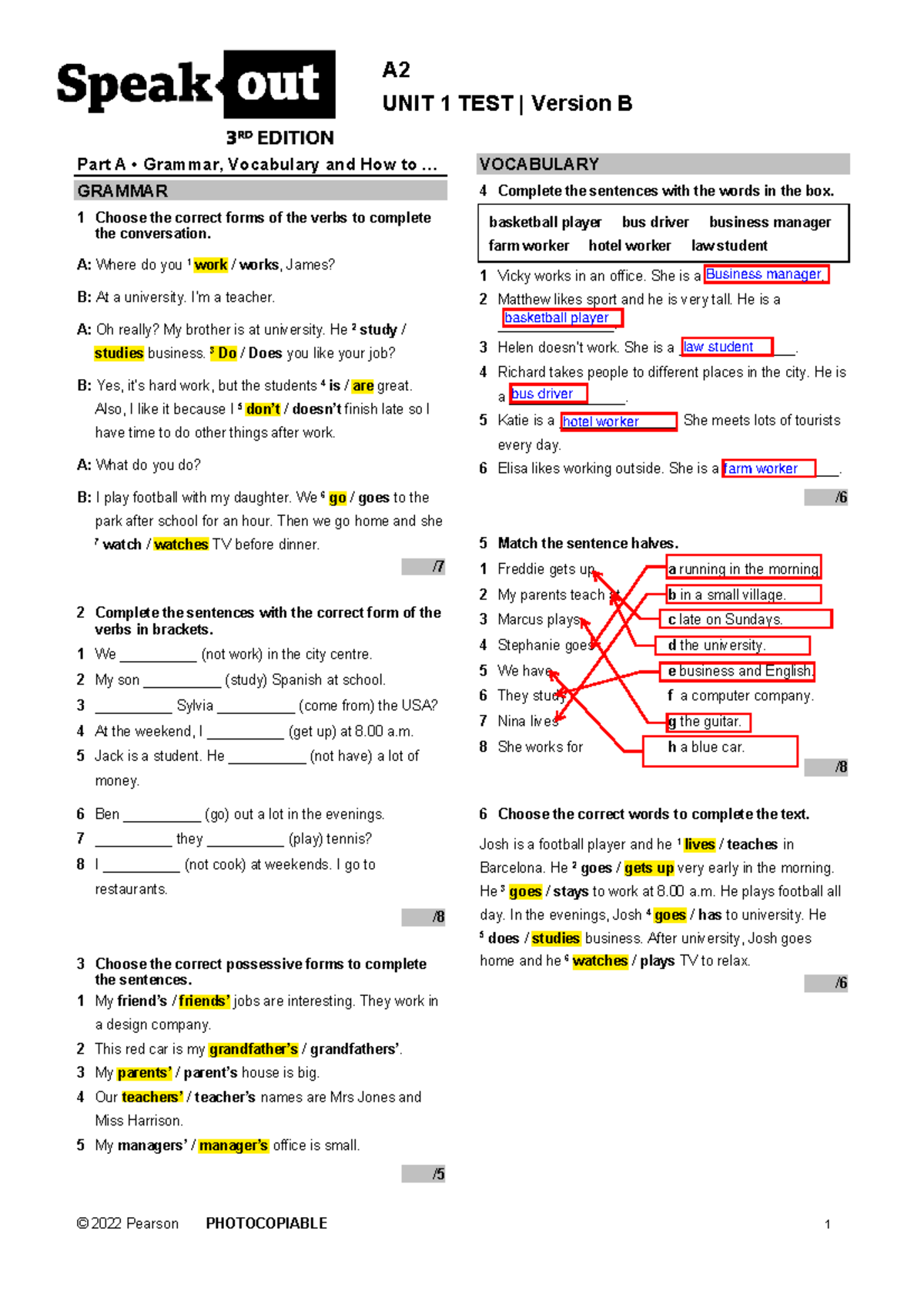 A2 UNIT 1 TEST Version B: Grammar and Vocabulary Exercises - Studocu