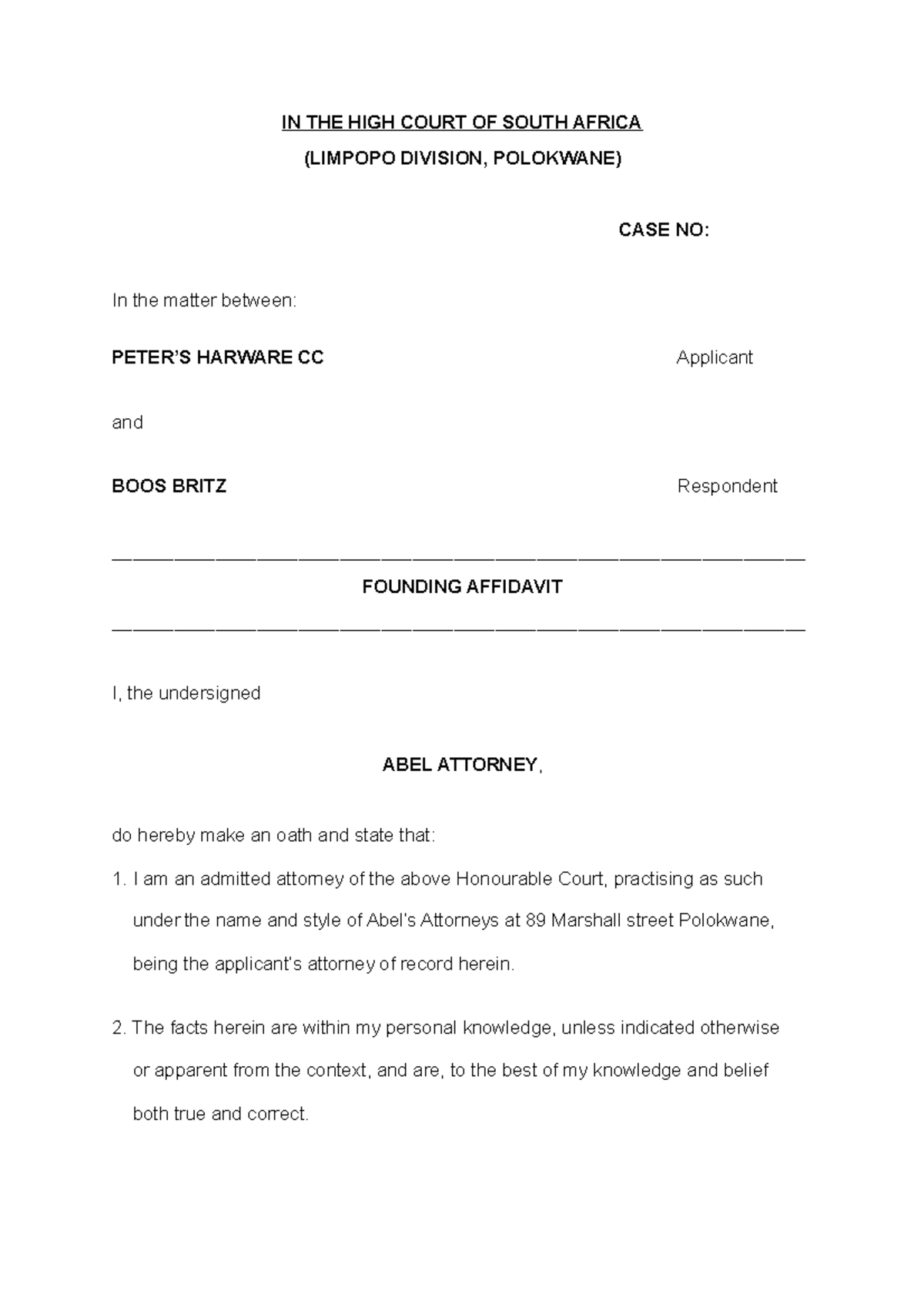 Affidavit for Substituted Service: Peter’s Hardware CC vs. Boos Britz ...
