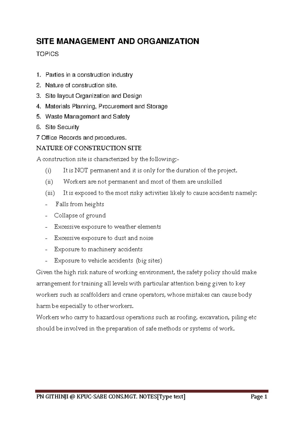 SITE MGT. NOTES FOR QUANTITY SURVEYORS: CONSTRUCTION SITE MANAGEMENT ...