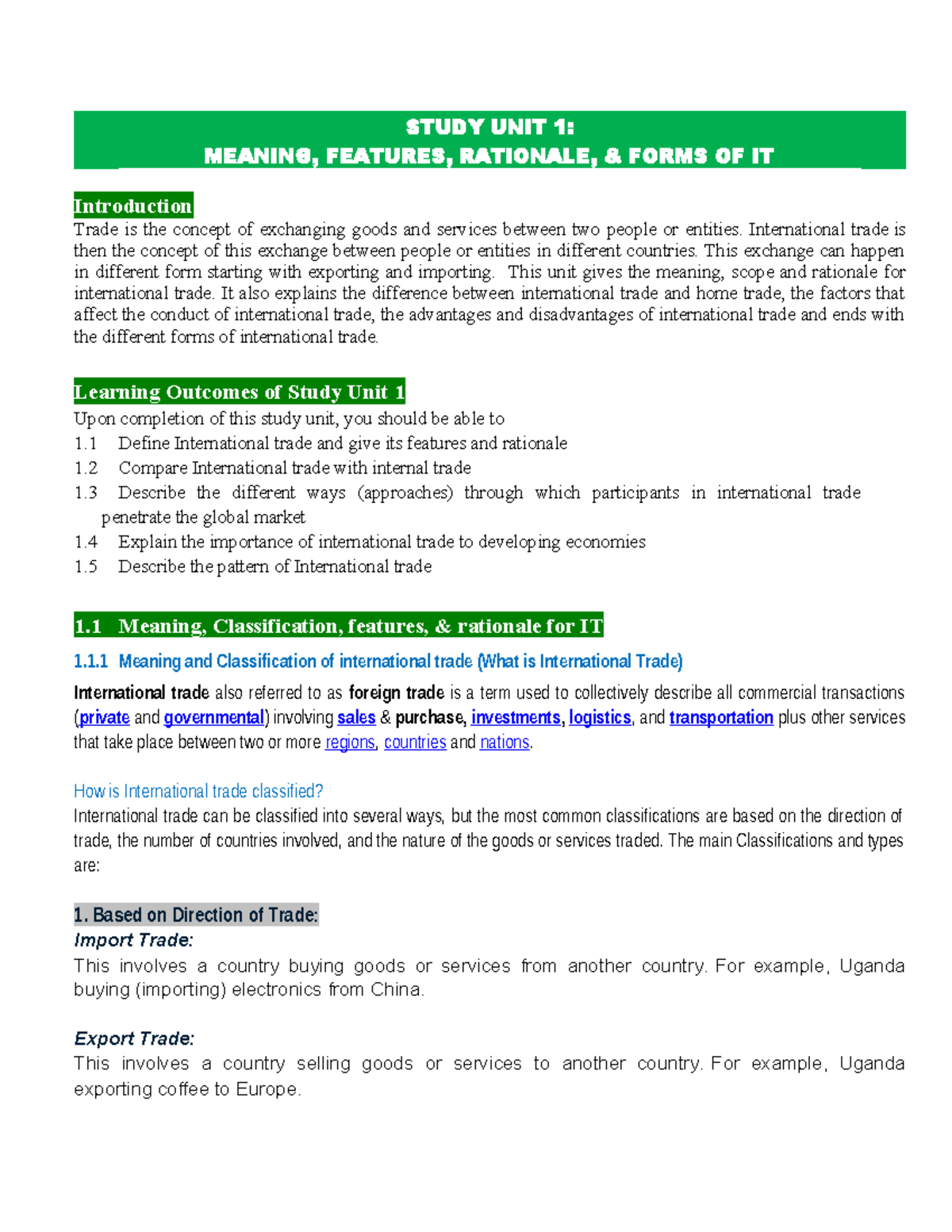 ECO2203: International Trade Theory - Study Unit 1 Overview - Studocu