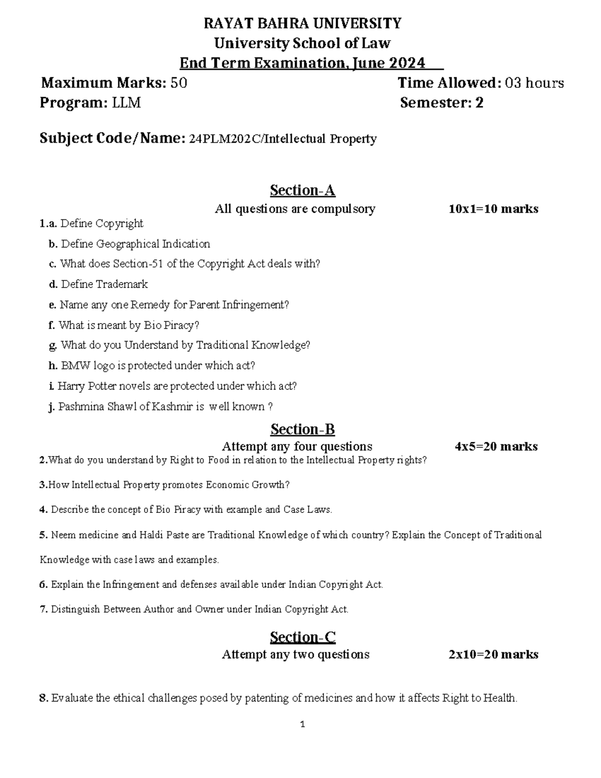 Intellectual Property Law Exam Paper LLM 2nd Sem June 2024 - Studocu