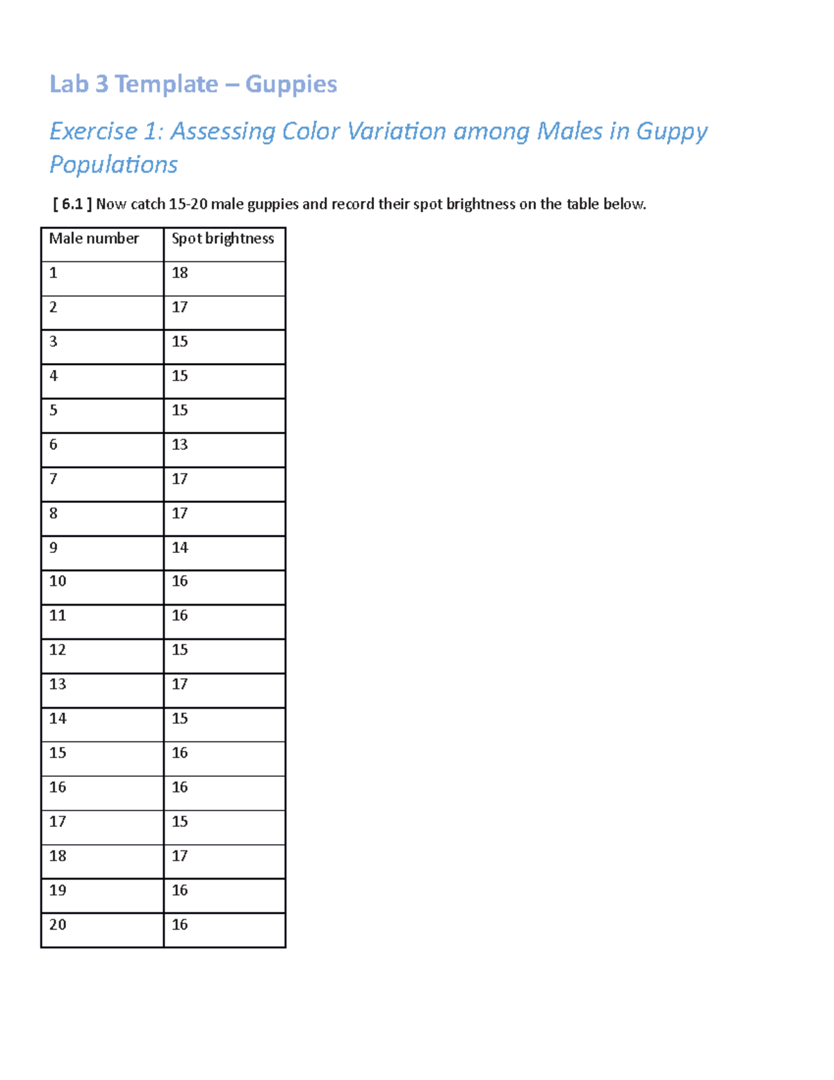BIOL 2600 Lab 3 - Lab 3 answers - Lab 3 Template – Guppies Exercise 1 ...