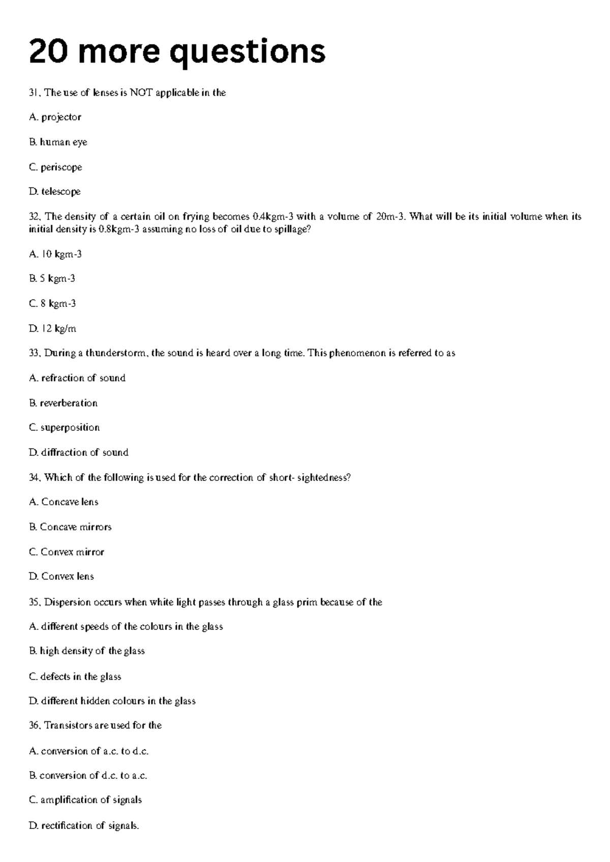 20 More Questions - Physics Quiz on Lenses, Forces, and Thermodynamics ...
