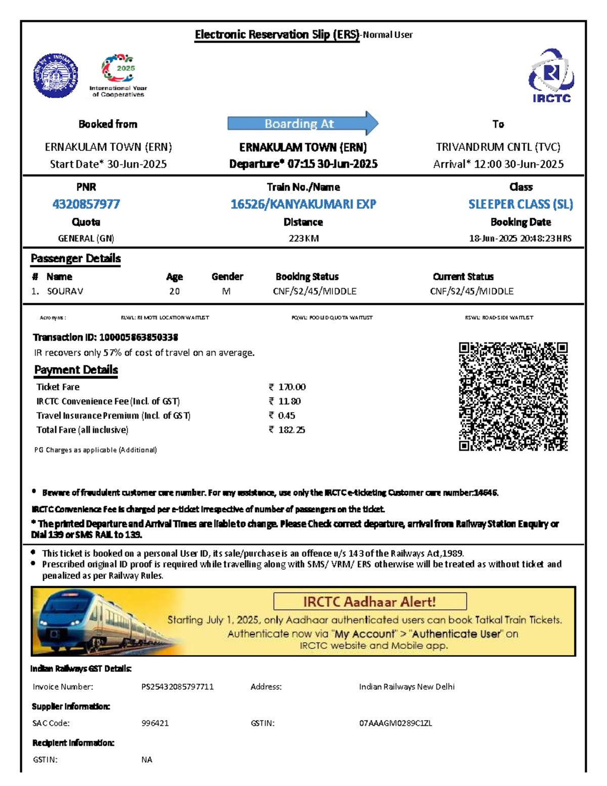 Train Reservation Details: ERN to TVC - PNR 4320857977 - Studocu