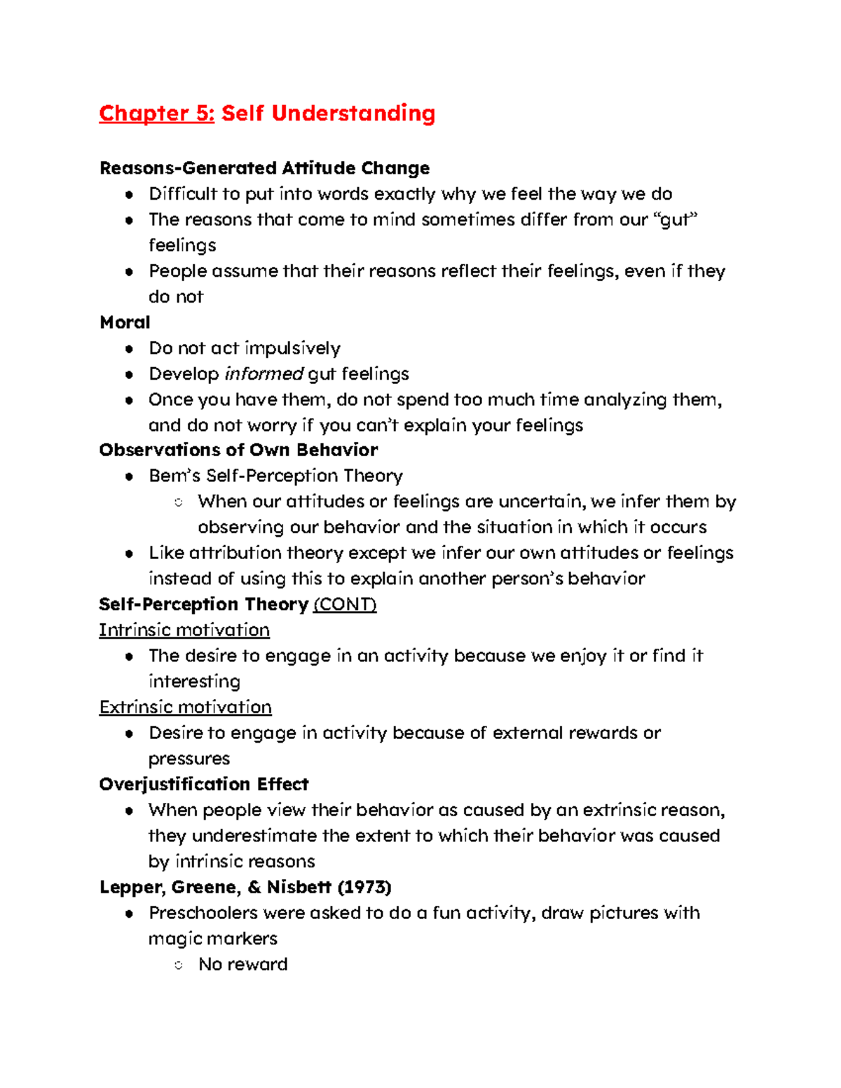 Social Psych - Chapter 5: Self Understanding & Attitude Change Notes ...