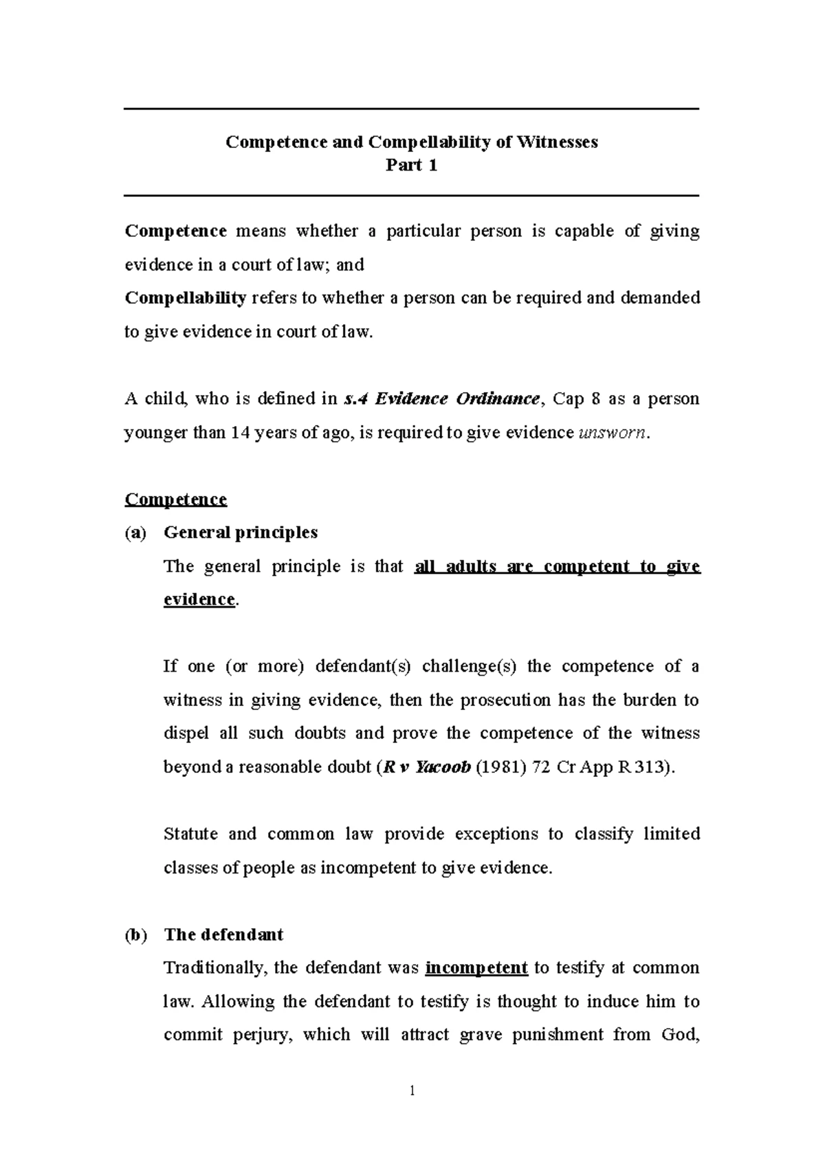 **Final Exam Notes on Competence and Compellability of Witnesses (Law ...