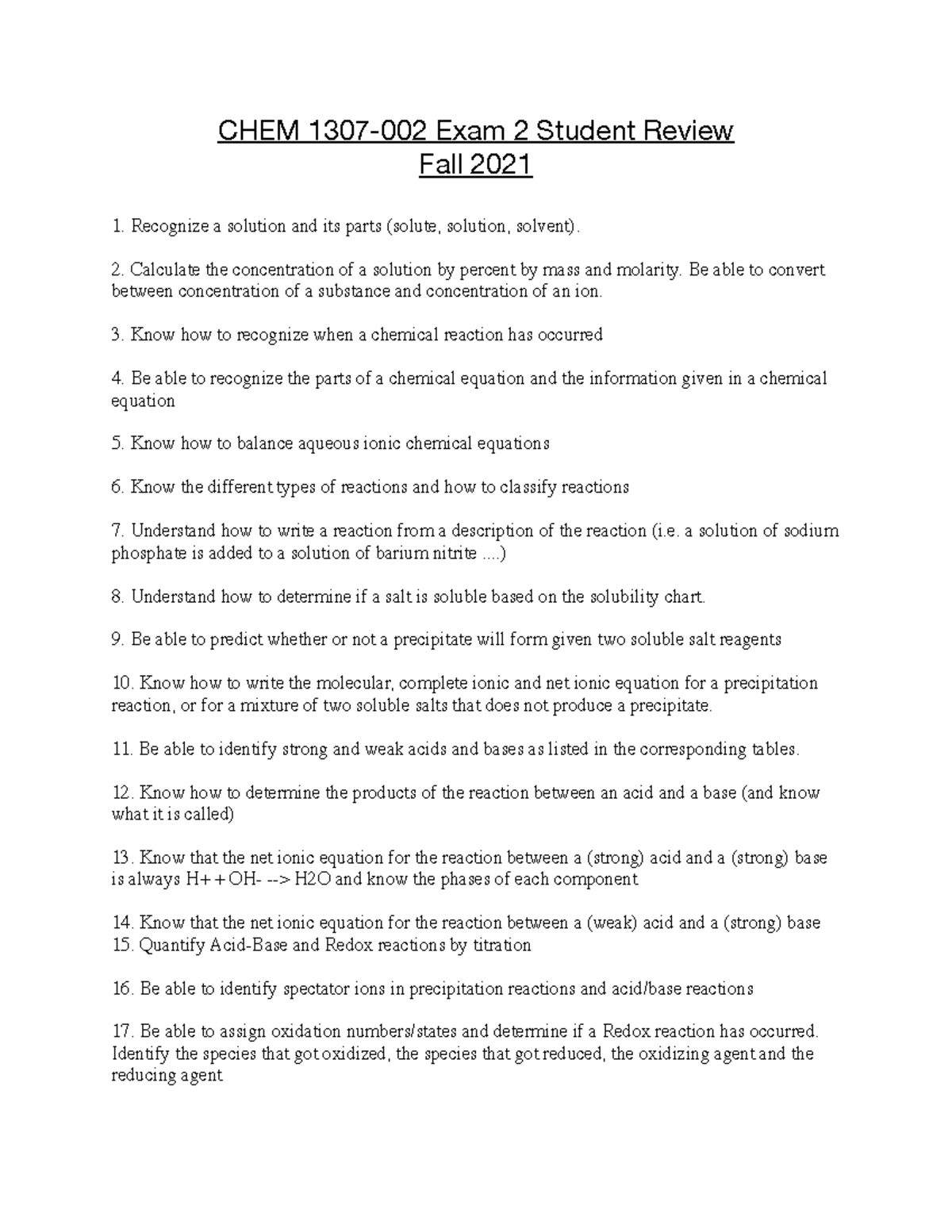 CHEM1307-002 Exam 2 Comprehensive Study Guide for Fall 2021 - Studocu