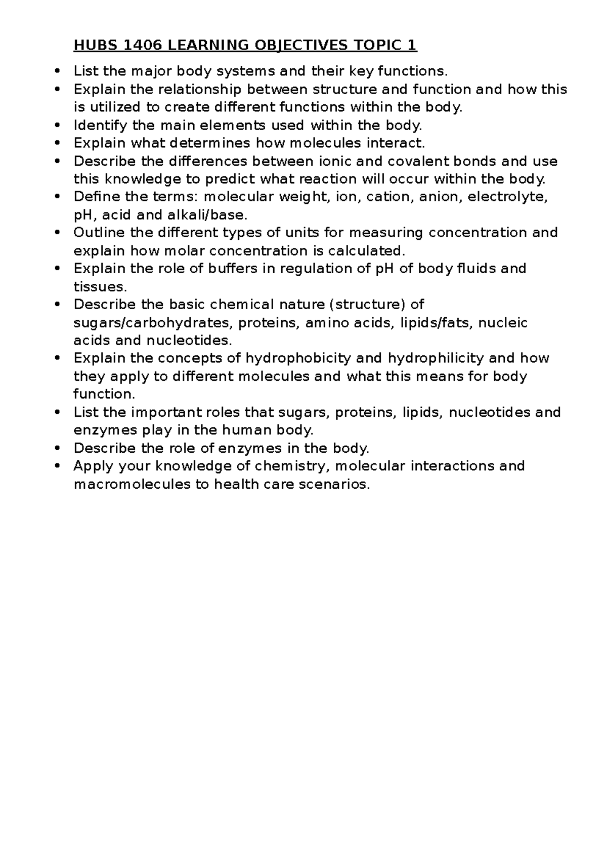 HUBS 1406 Learning Objectives: Body Systems & Molecular Interactions ...