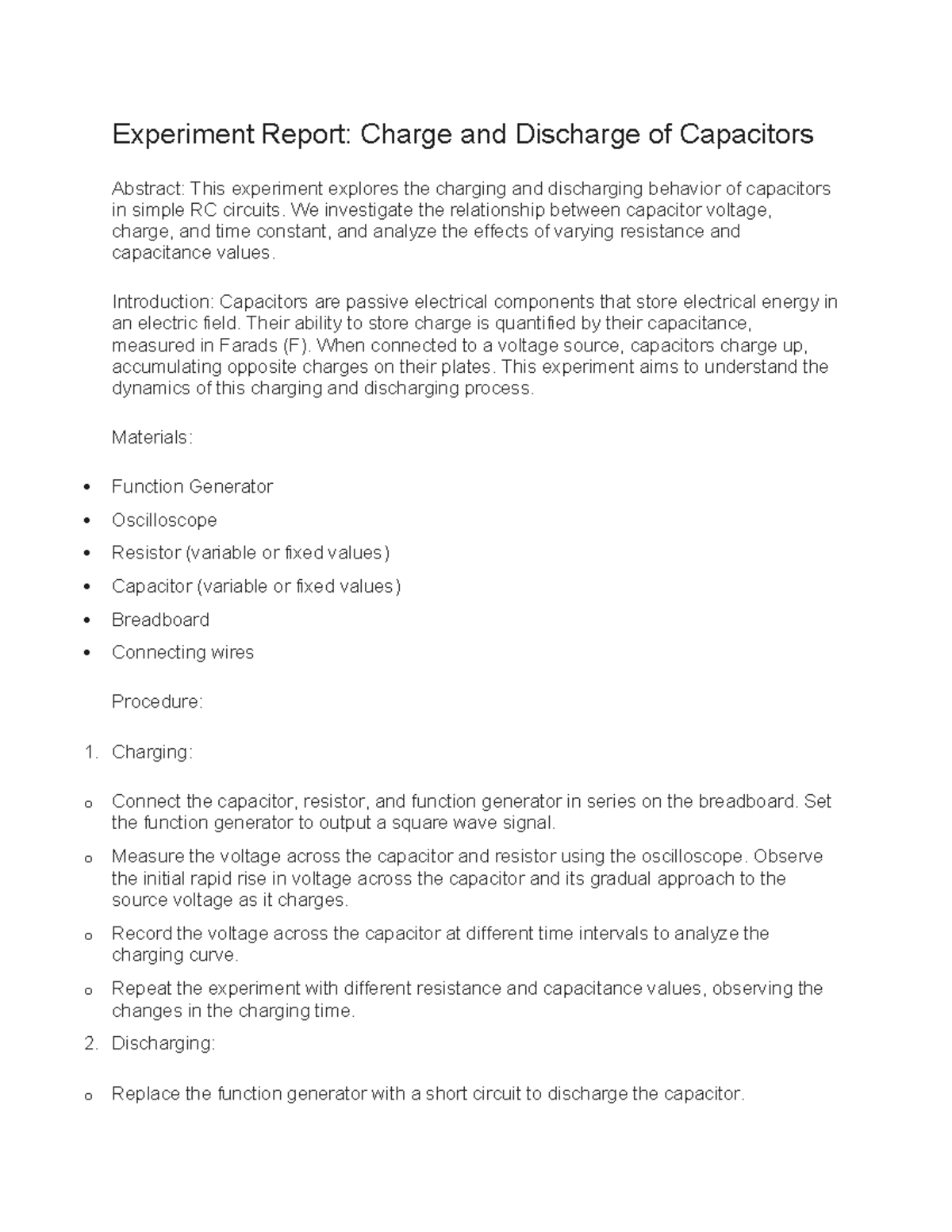 Experiment Report: Charge and Discharge of Capacitors (RC Circuits ...