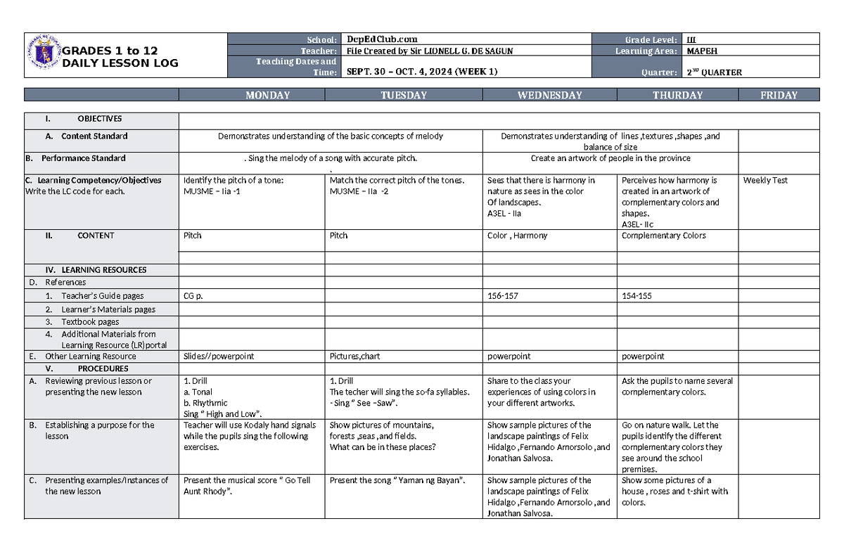 DLL Mapeh 3 Q2 W1adf - GRADES 1 to 12 DAILY LESSON LOG School ...