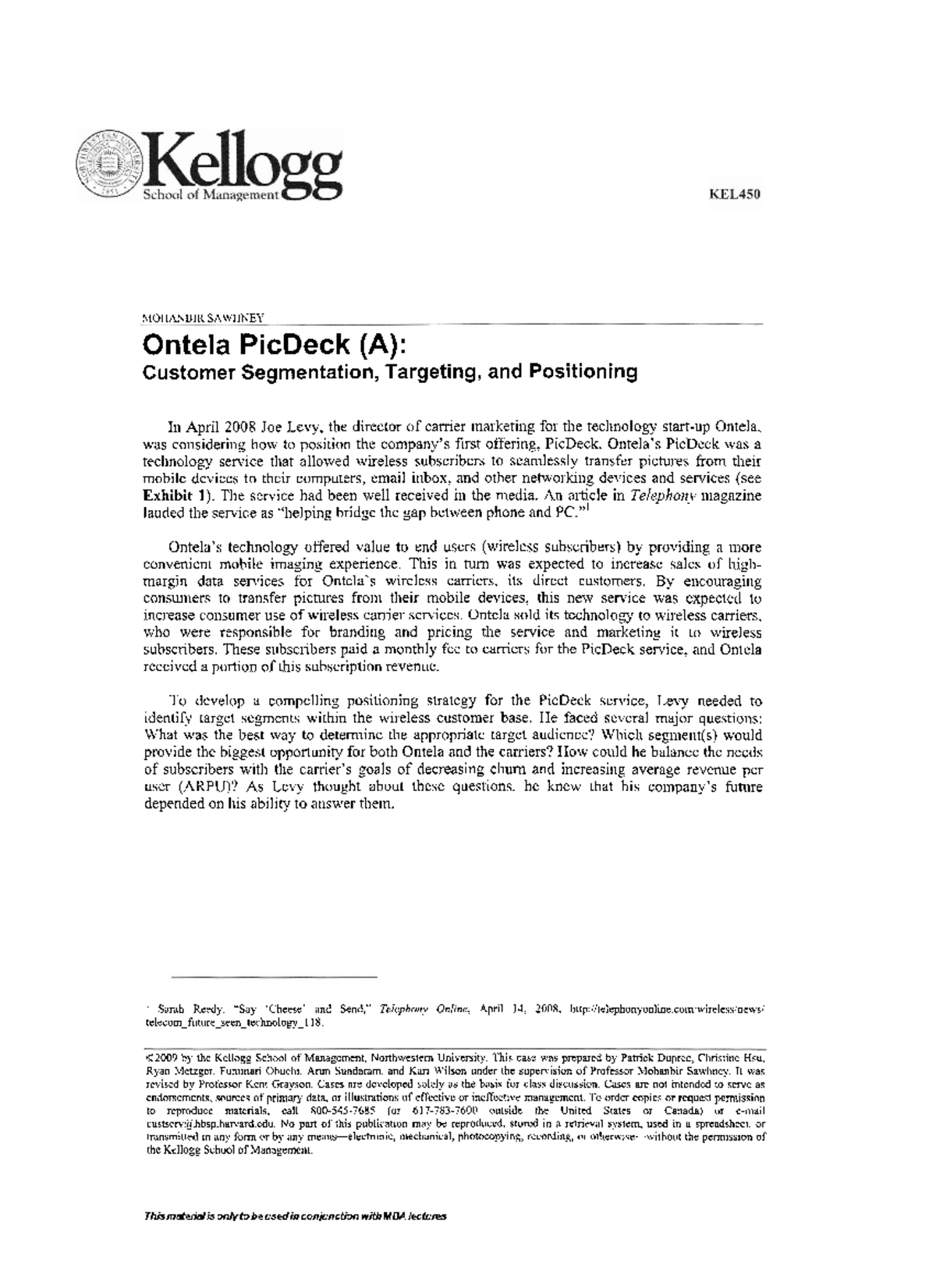 C82009 Kellogg Case Study: Customer Targeting for Ontela PicDeck (A ...