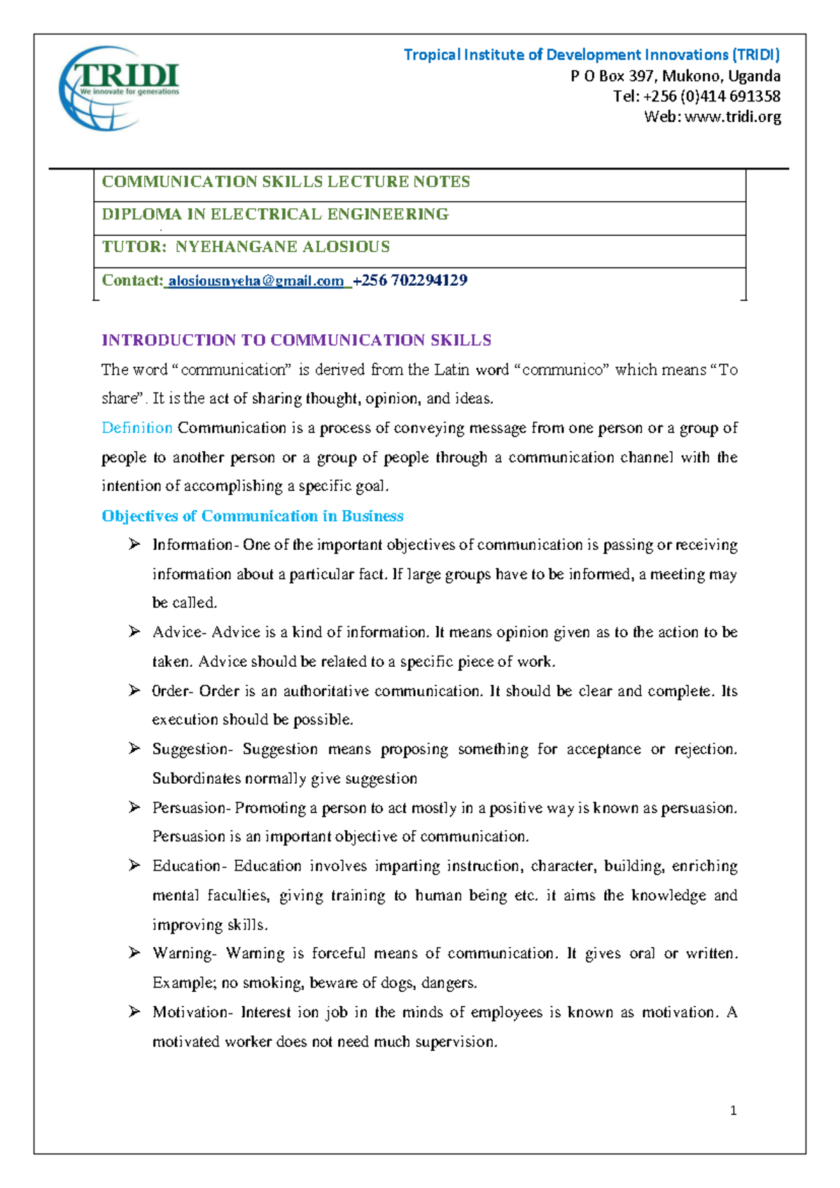 Communication Skills Lecture Notes - DEE 101 - Studocu