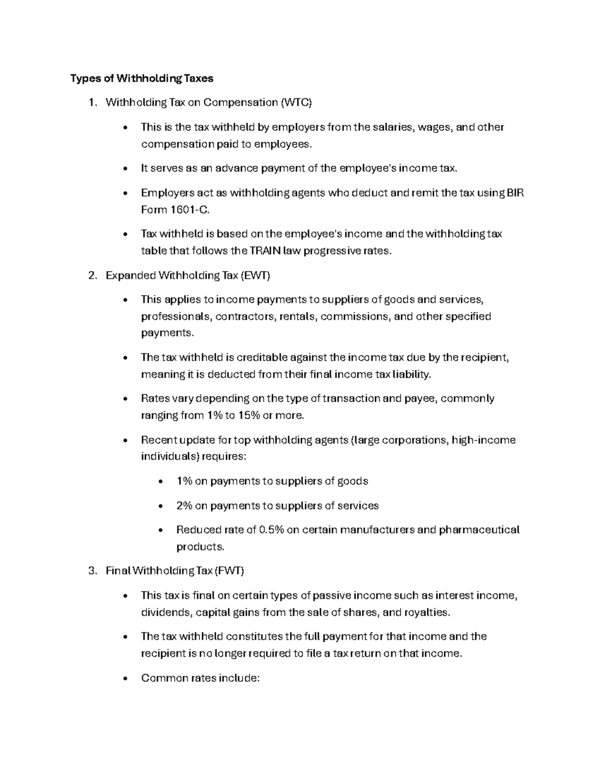 Types of Withholding Taxes: A Guide for Philippine Taxpayers - Studocu