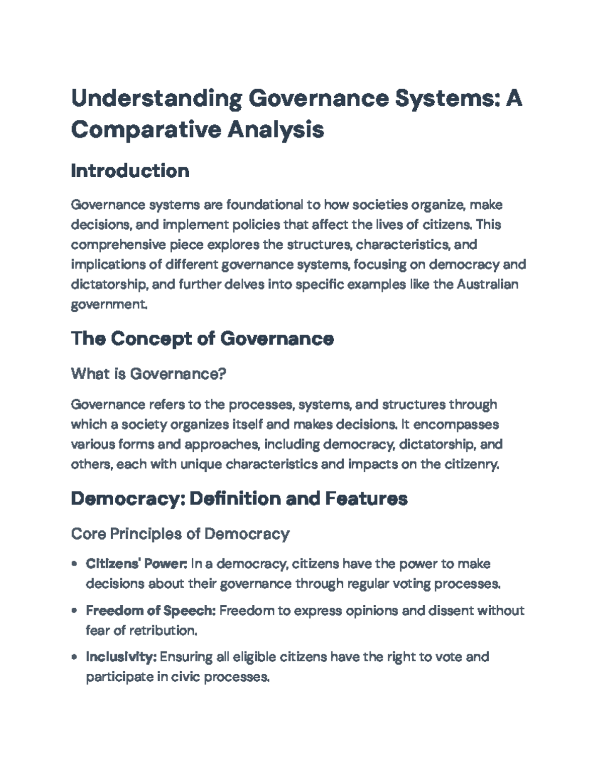 Comparative Analysis of Governance Systems: Democracy vs. Dictatorship ...