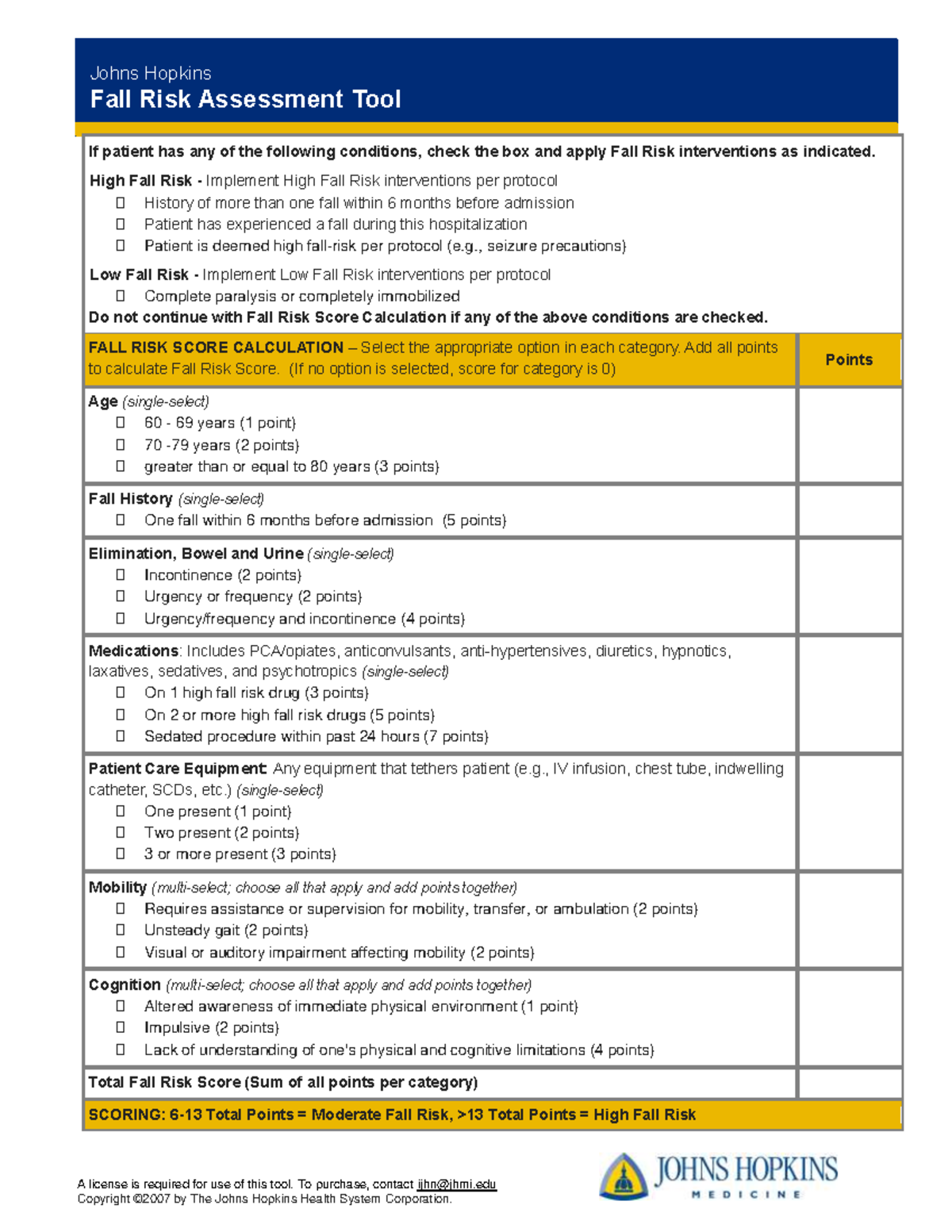 Johns Hopkins Fall Risk Assessment Tool Guidelines for Evaluation - Studocu