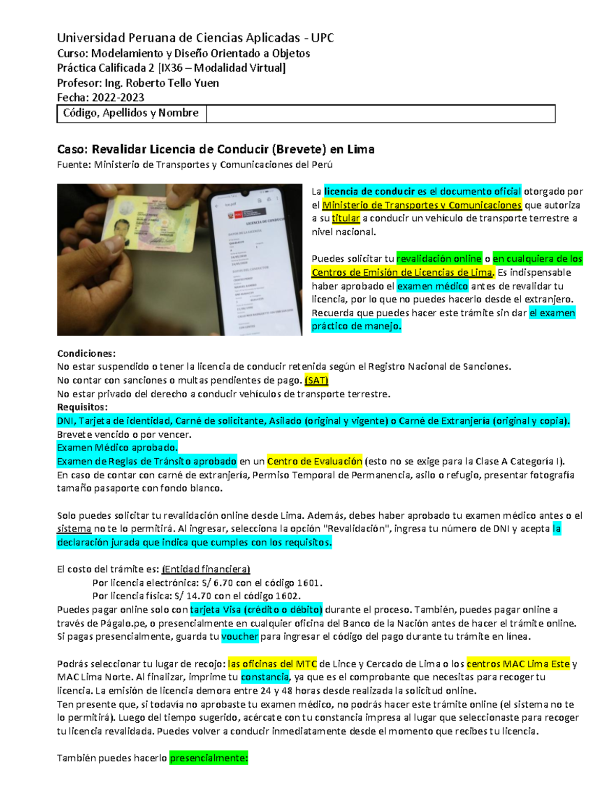 IN316-IX36-PC2 - Revalidación de Licencia de Conducir en Lima - Studocu