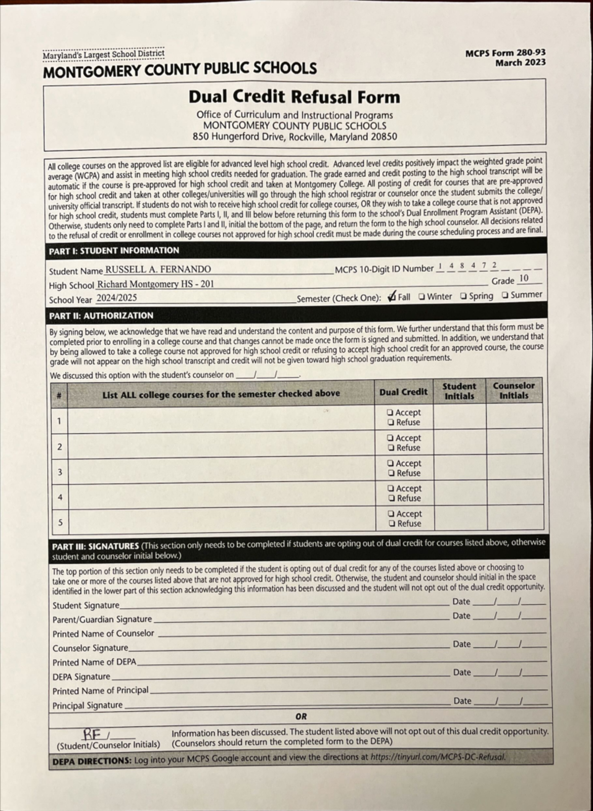 Dual Credit Refusal Form 280-93 - Studocu