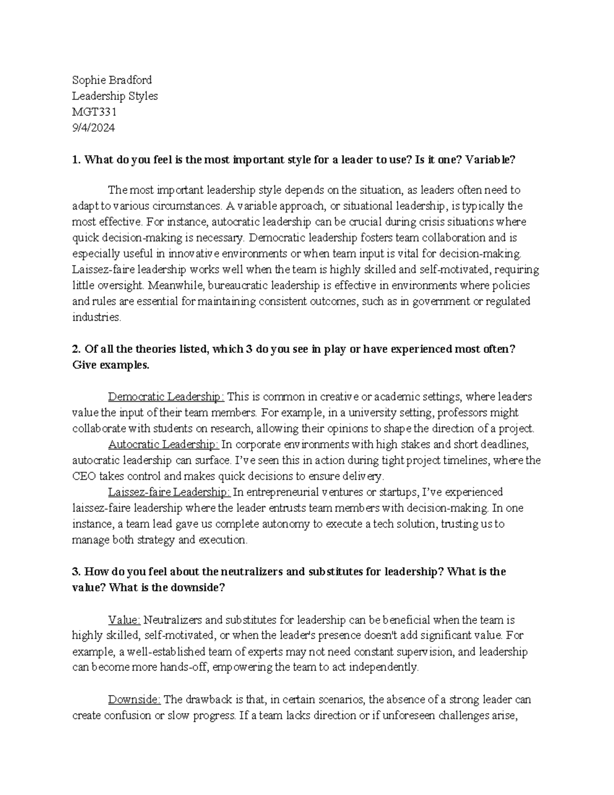Leadership Styles Analysis for MGT331: Effective Approaches & Examples ...