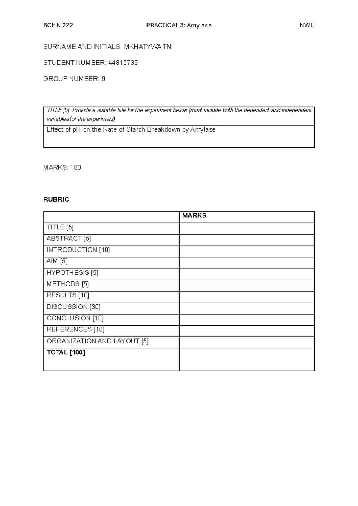 BCHN PRACTICAL 3: Effect of pH on Amylase Activity - Studocu