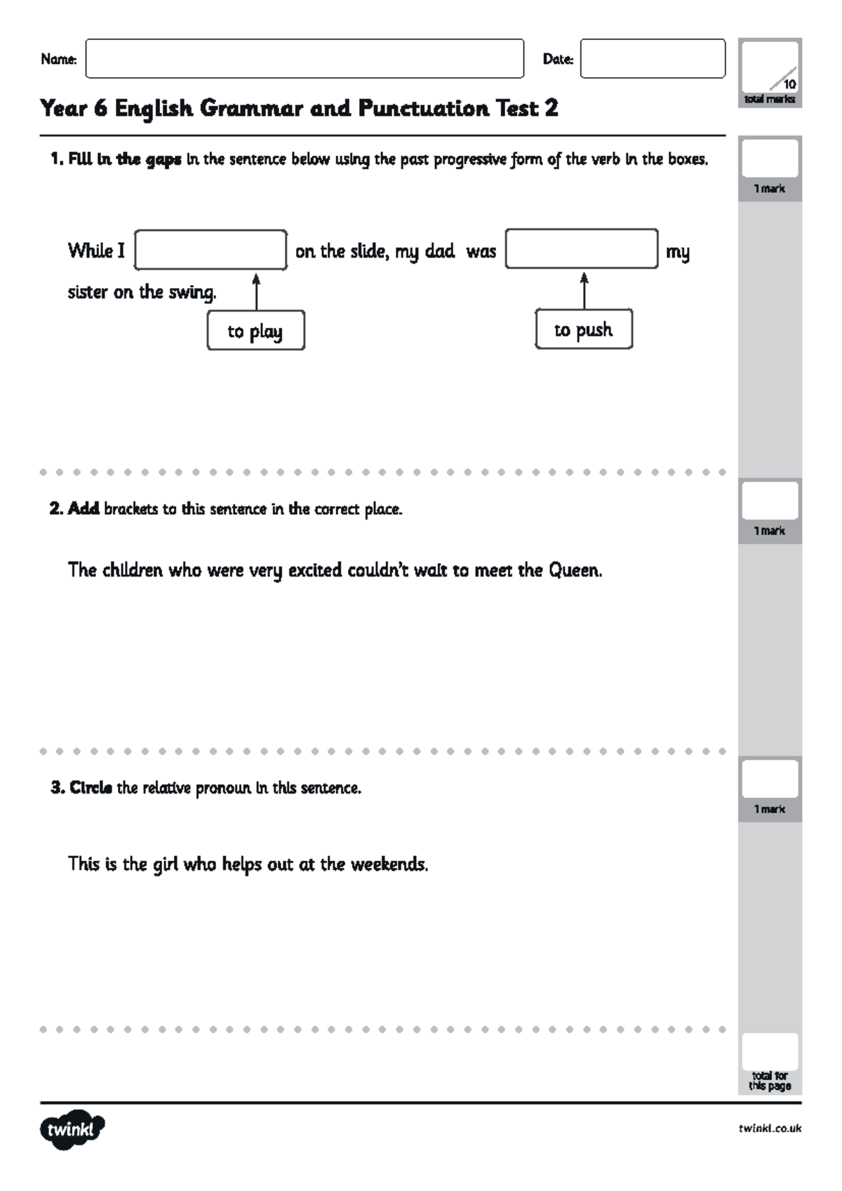 Year 6 English Grammar and Punctuation Test 2p7b M6 - Fill in the gaps ...