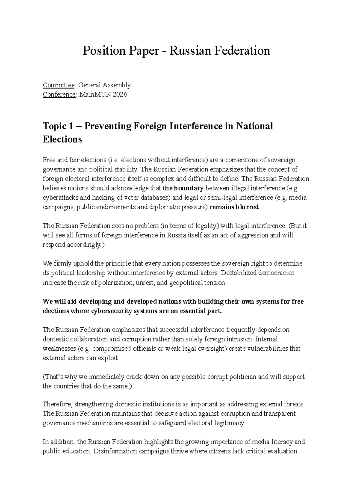 MainMUN 2026 Position Paper: Russian Federation on Election ...