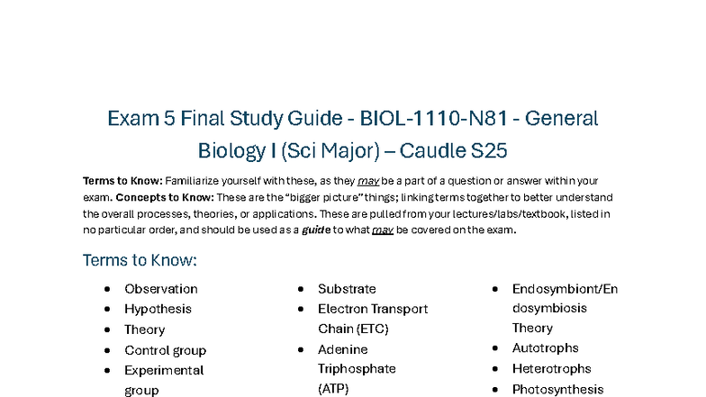 Final Exam Study Guide - BIOL-1110-N81 General Biology I Concepts - Studocu