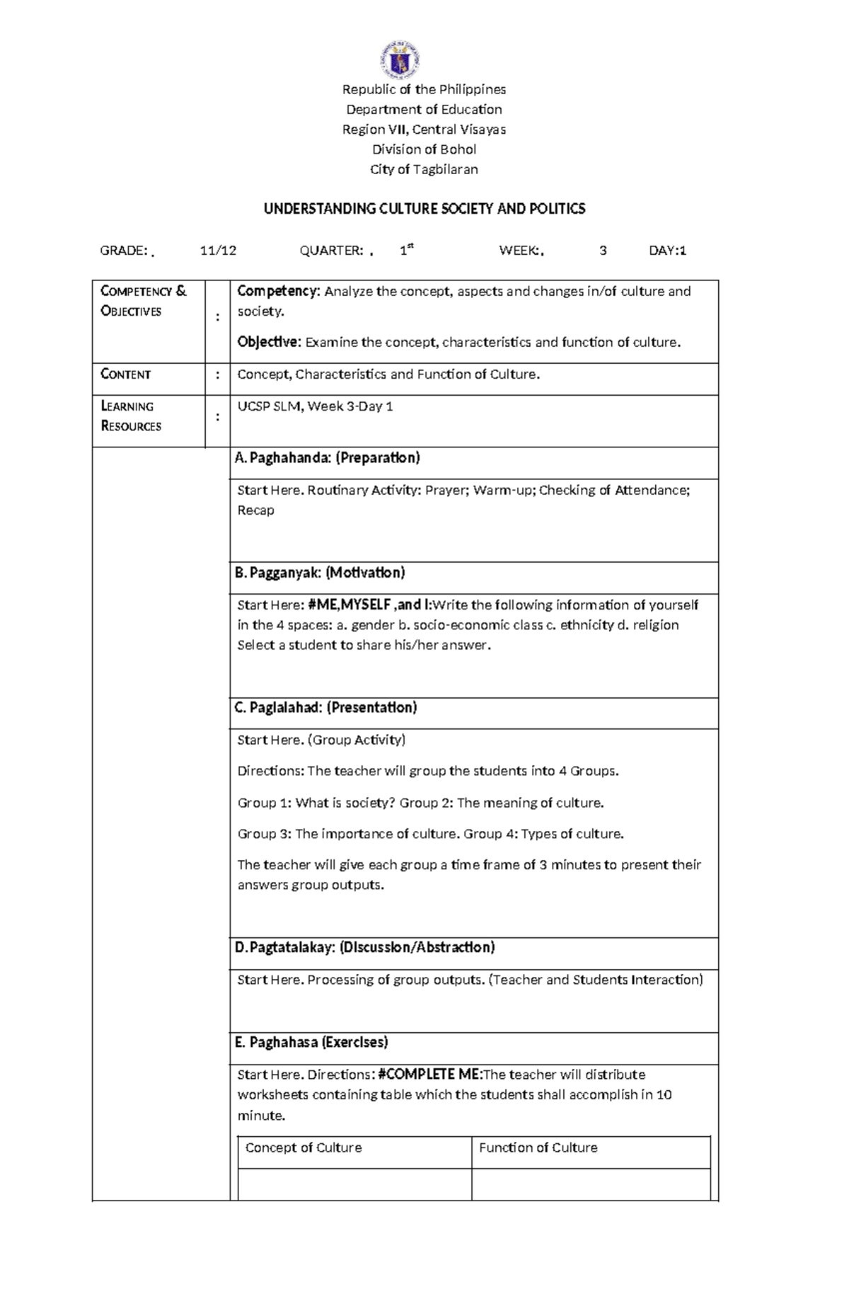 UCSP Q1 Week 3-5 Activities on Culture and Society Concepts - Studocu