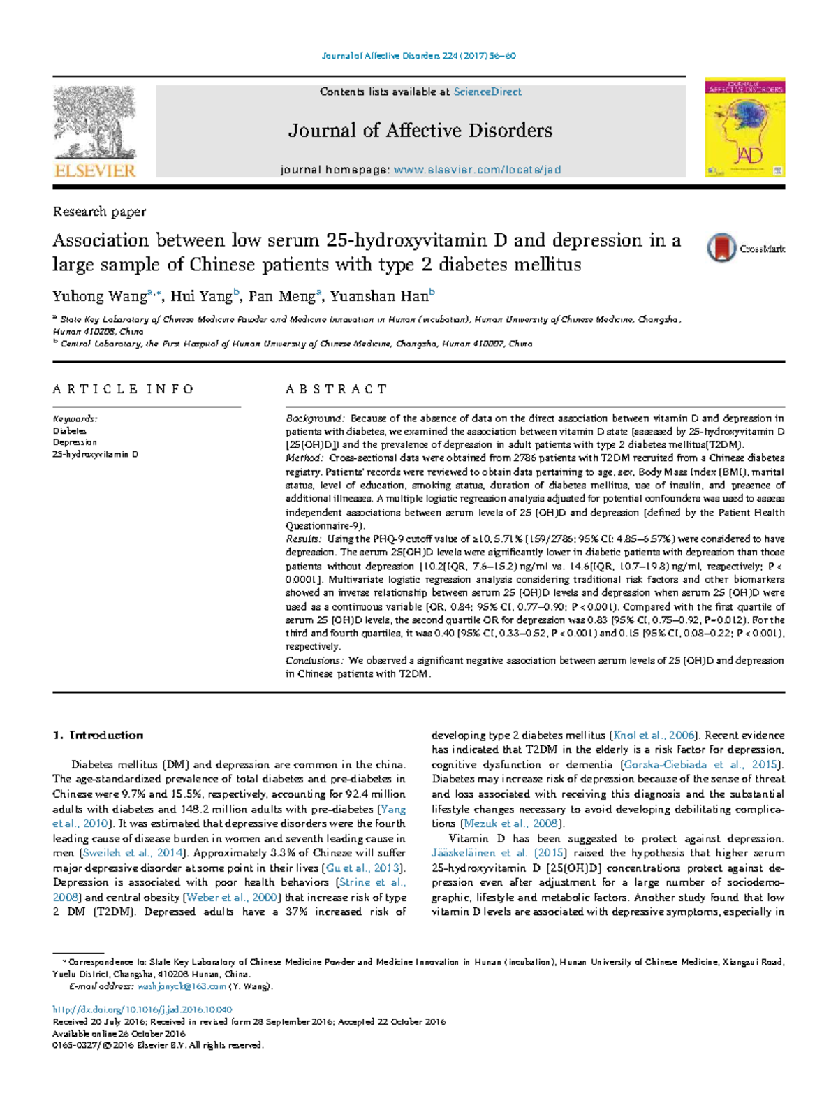 Association Between Low Serum 25(OH)D and Depression in T2DM Patients ...
