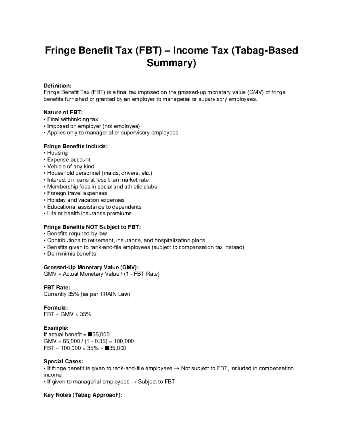 Fringe Benefit Tax (FBT) Overview: Key Points & Summary - Studocu