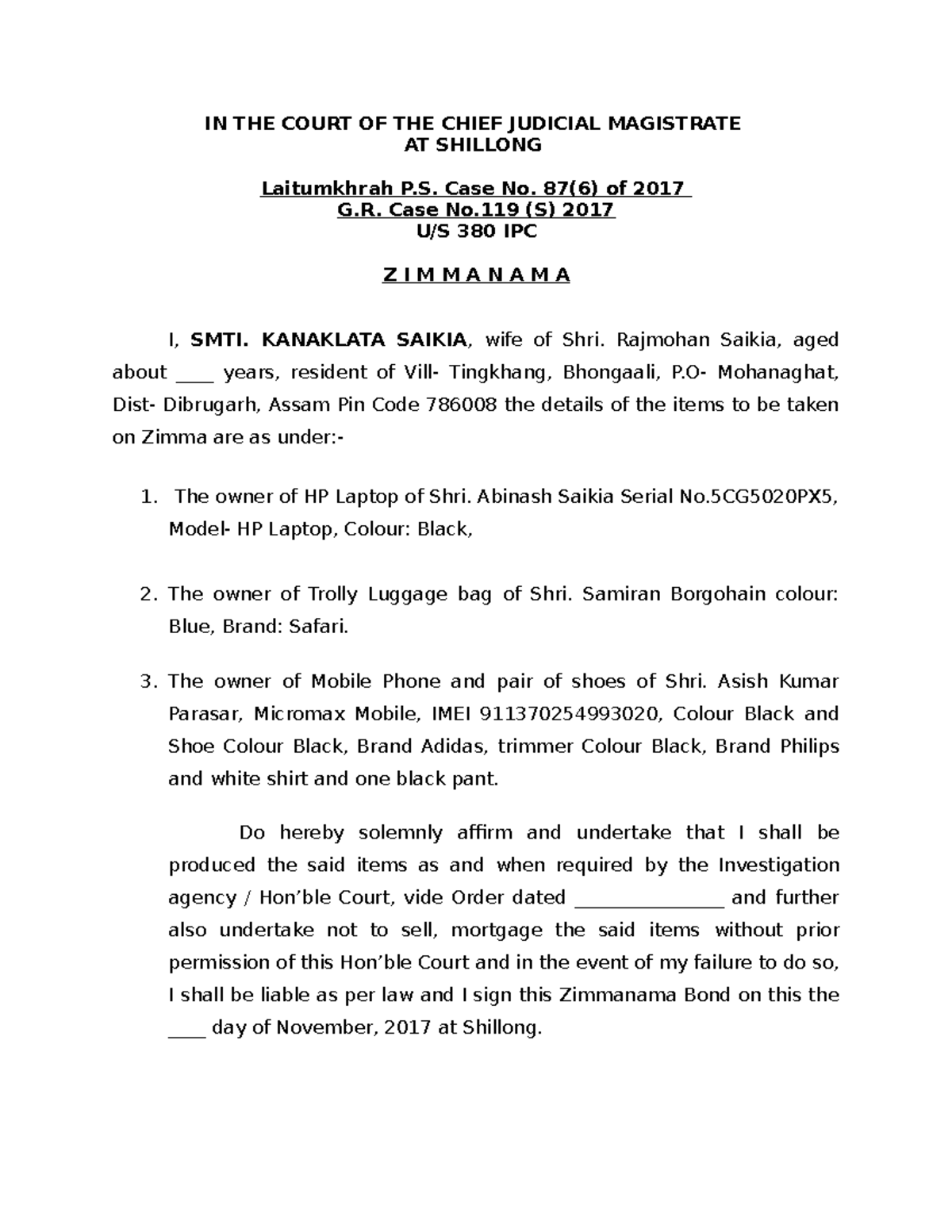 Zimma Application and Affidavit Details - Legal Proceedings at Shillong ...