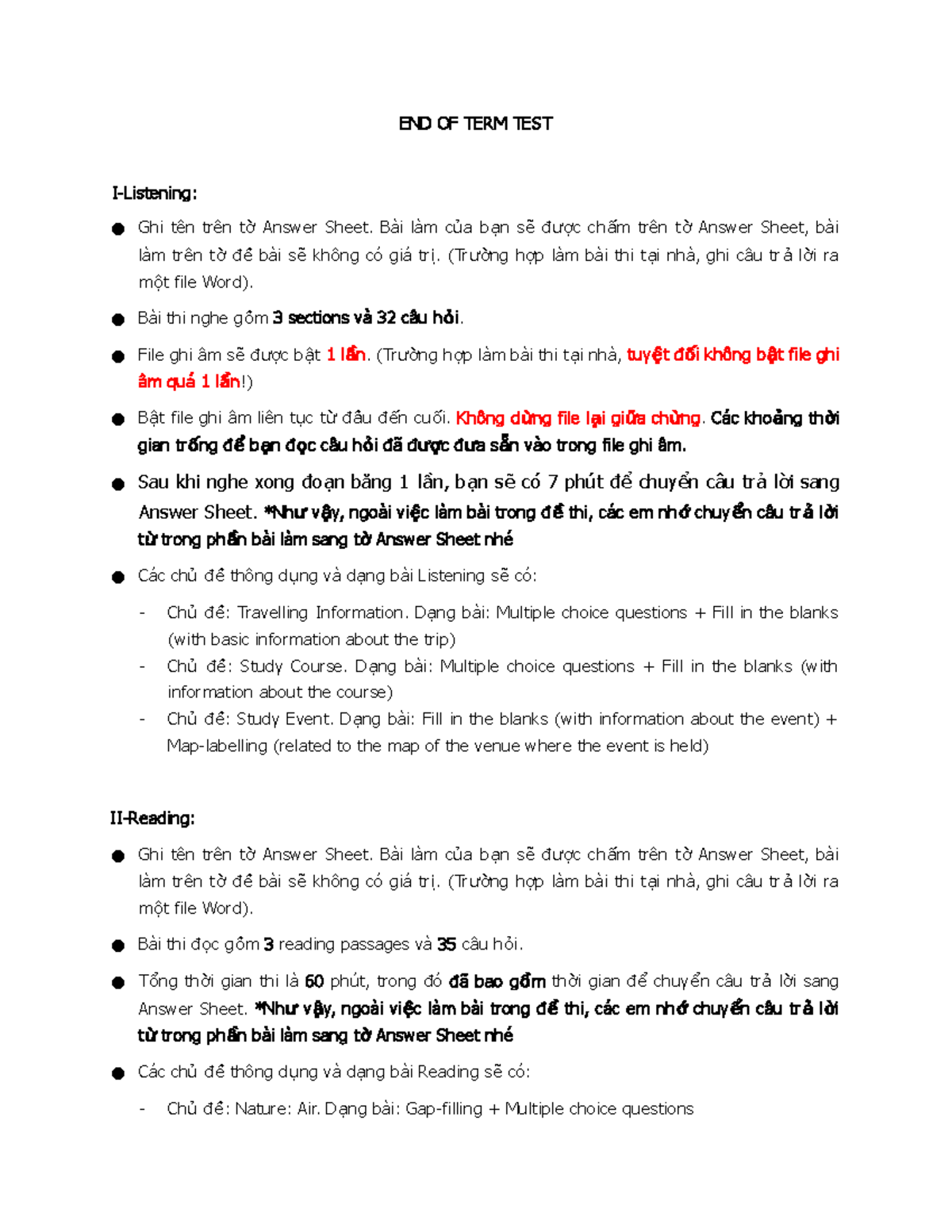 END-OF-TERM TEST Format - END OF TERM TEST I-Listening: Ghi tên trên t ...