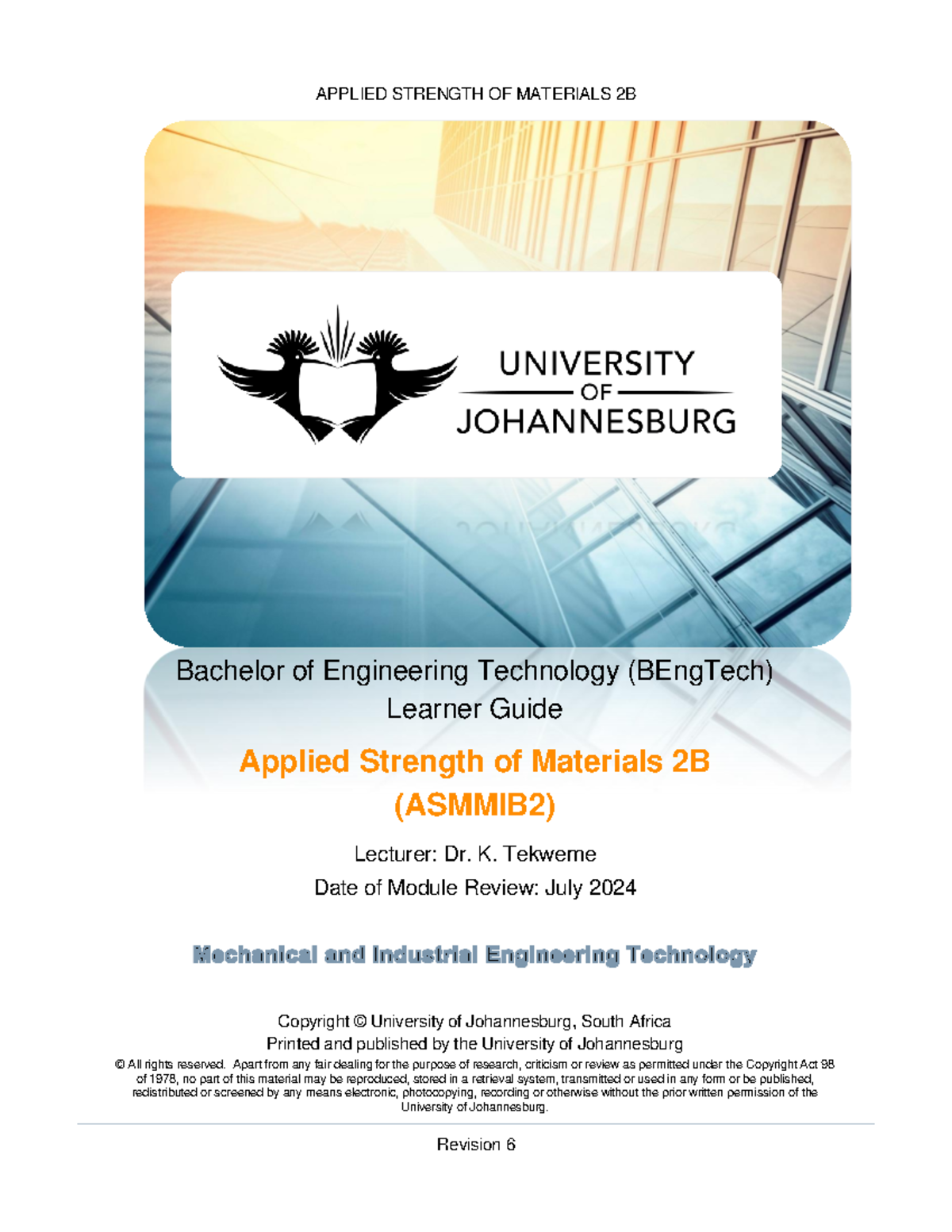 Learner Guide: Applied Strength of Materials 2B (ASMMIB2) - Studocu