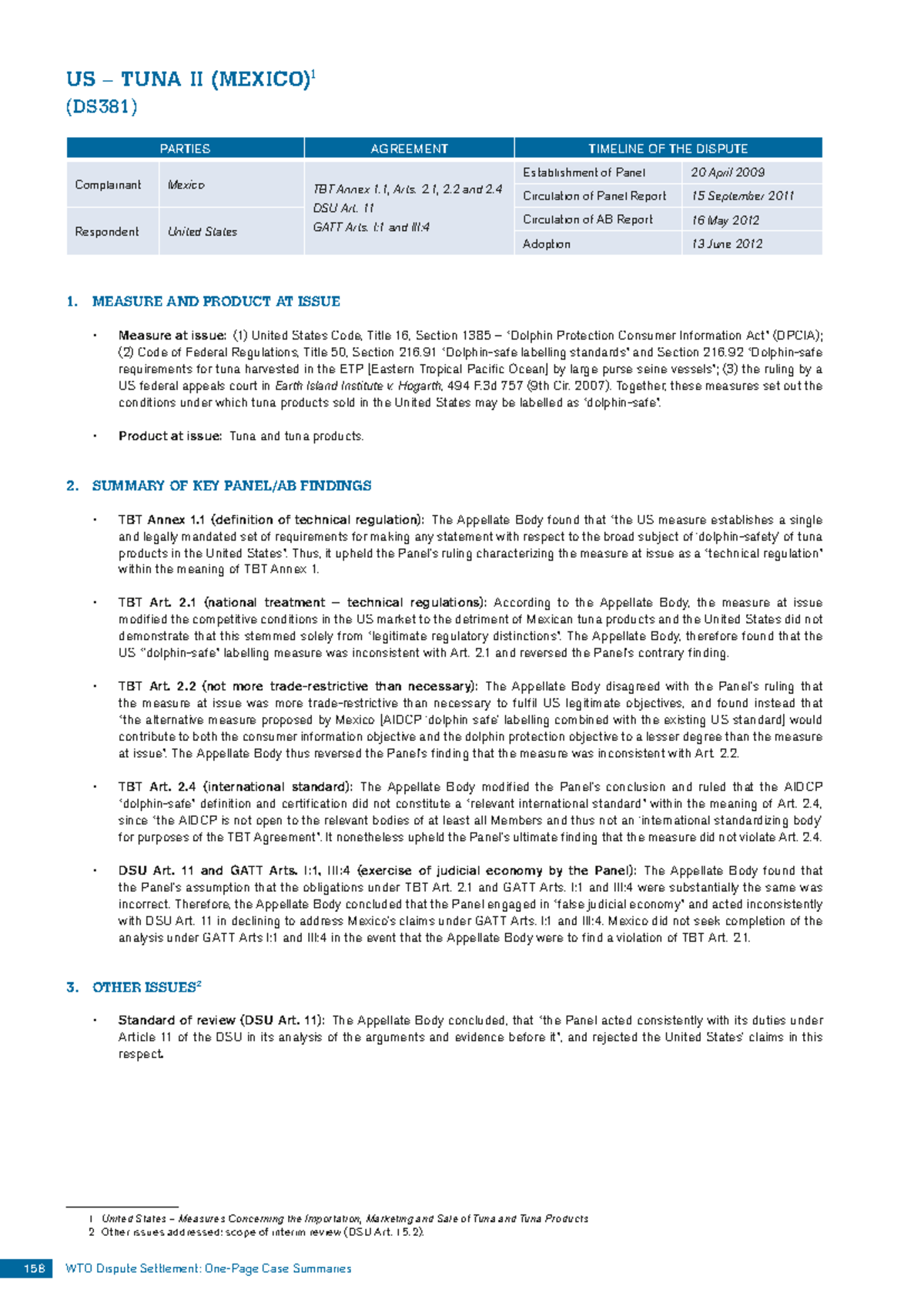 US TUNA II (MEXICO) (DS381) Dispute Summary and Key Findings - Studocu