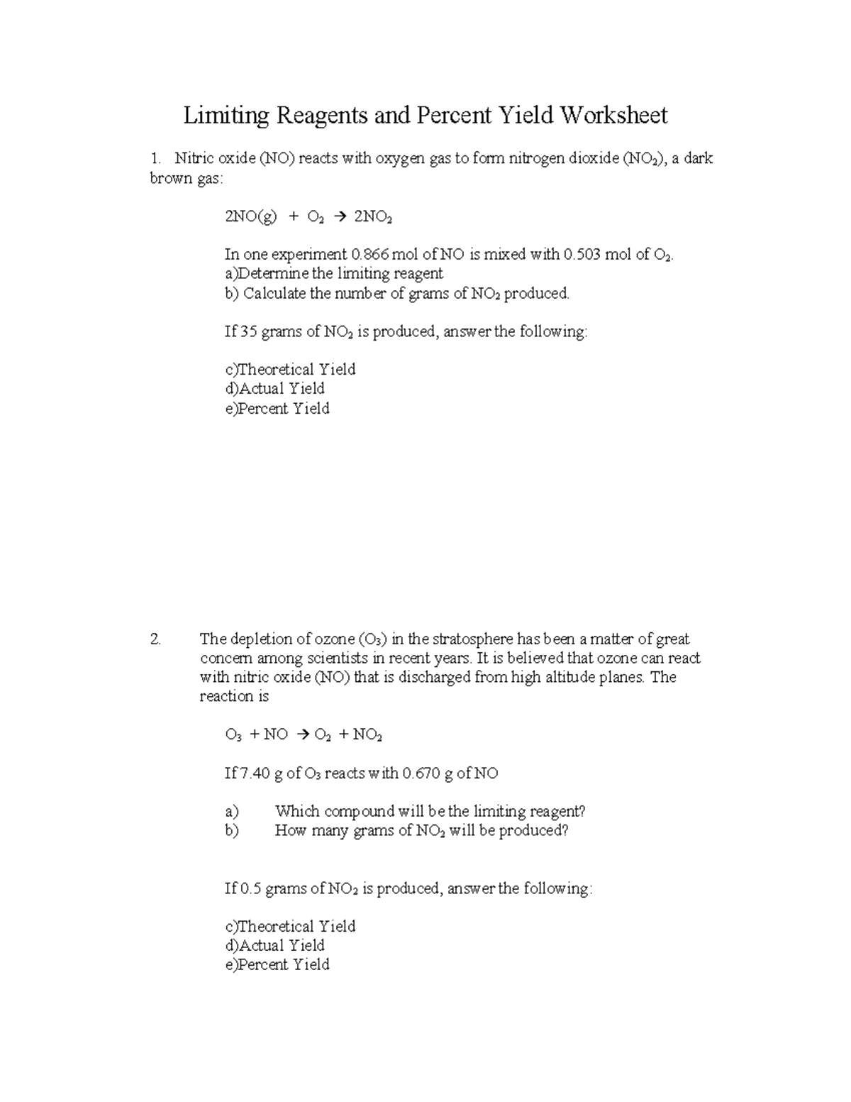 Limiting Reagents & Percent Yield WS: Combustion & Ozone Reactions ...