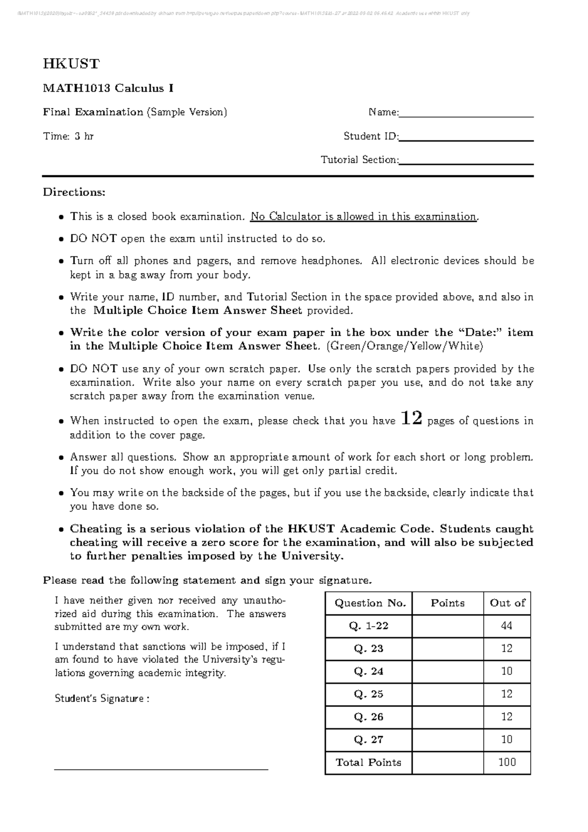 MATH1013 Final Exam Sample - Calculus I Quiz Preparation Guide - Studocu