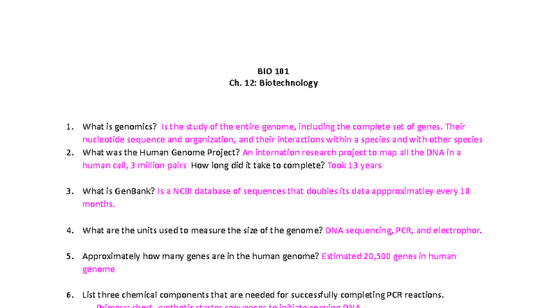 BIO 101: Ch. 12 - Key Concepts in Biotechnology and Genomics - Studocu
