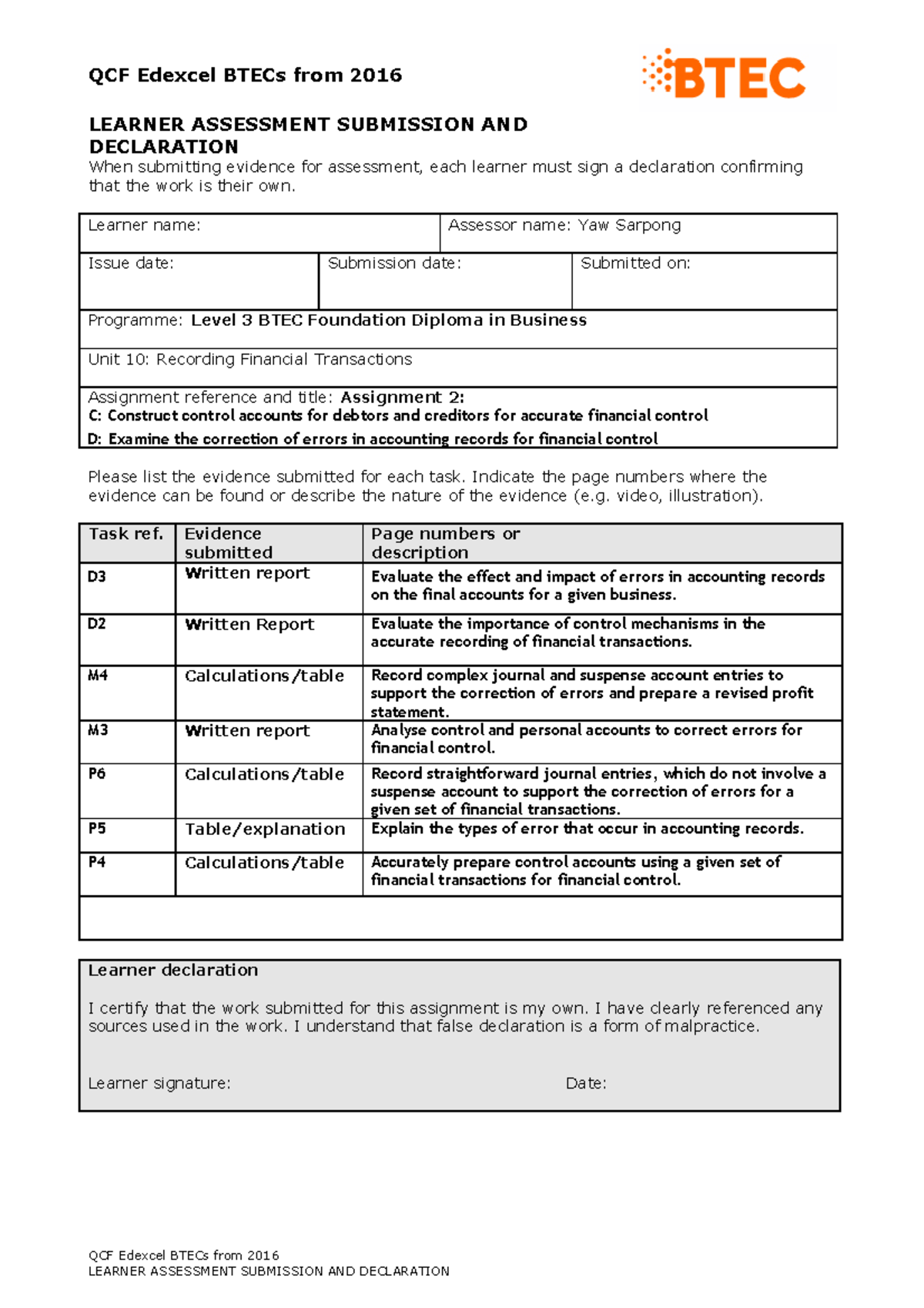 Learner Declaration Form for Assignment 2 - BTEC Level 3 Business - Studocu